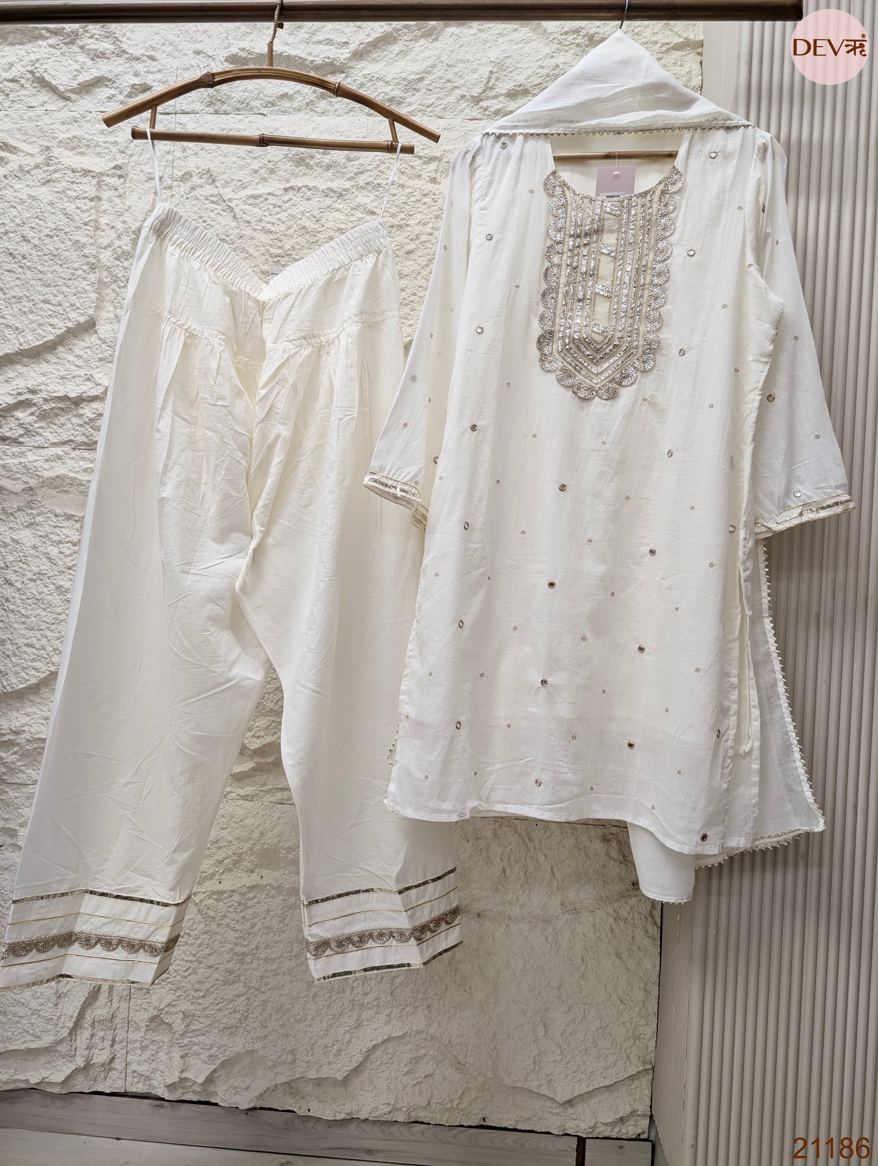 Noor Pure mul cotton Embroidered Off White 3-Piece Set (Devri – D.No 21186)