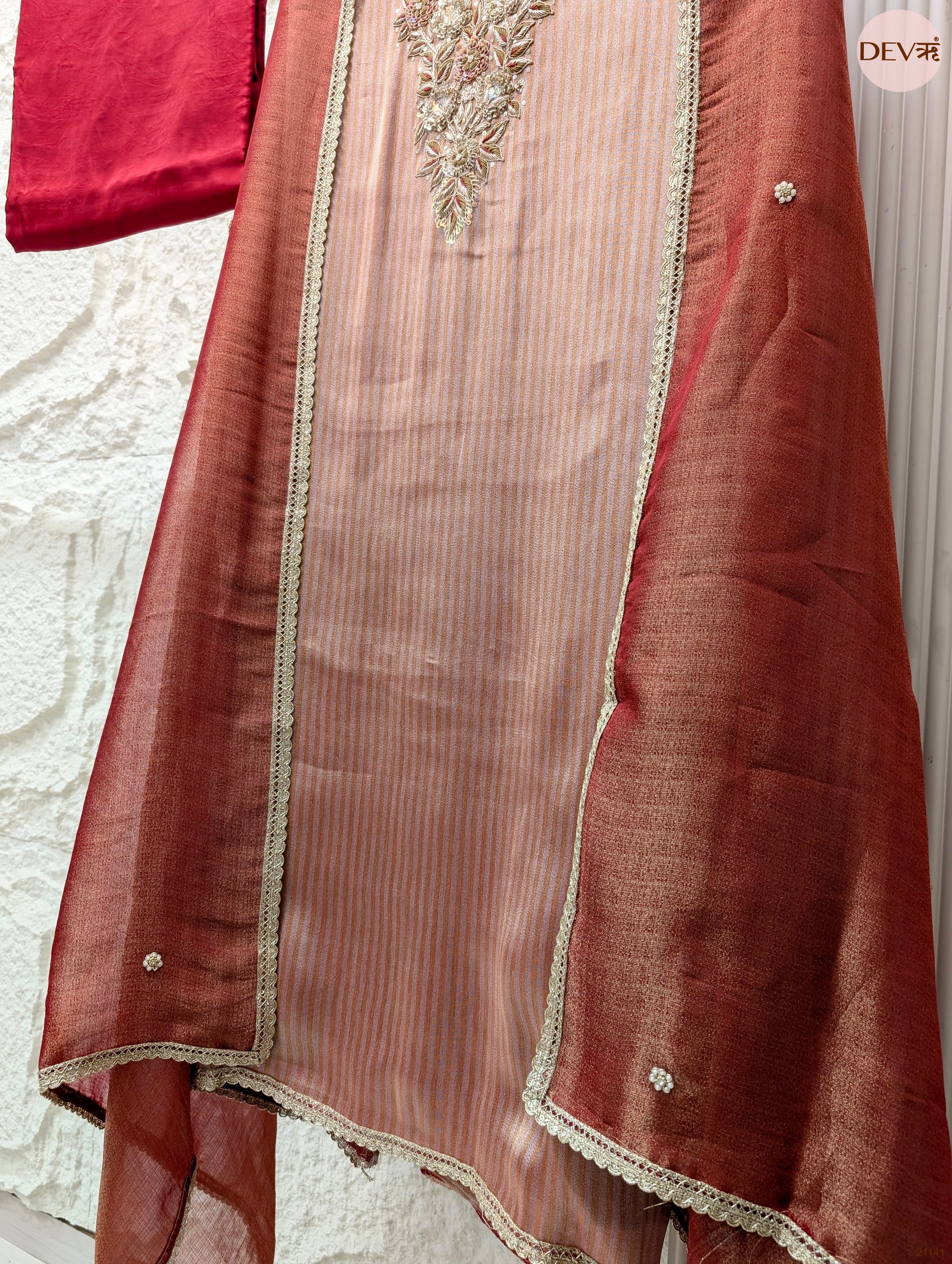 Pink Pure Tissue Silk Embroidered Unstitched 3-Piece Suit (Devri – D.No 21141)