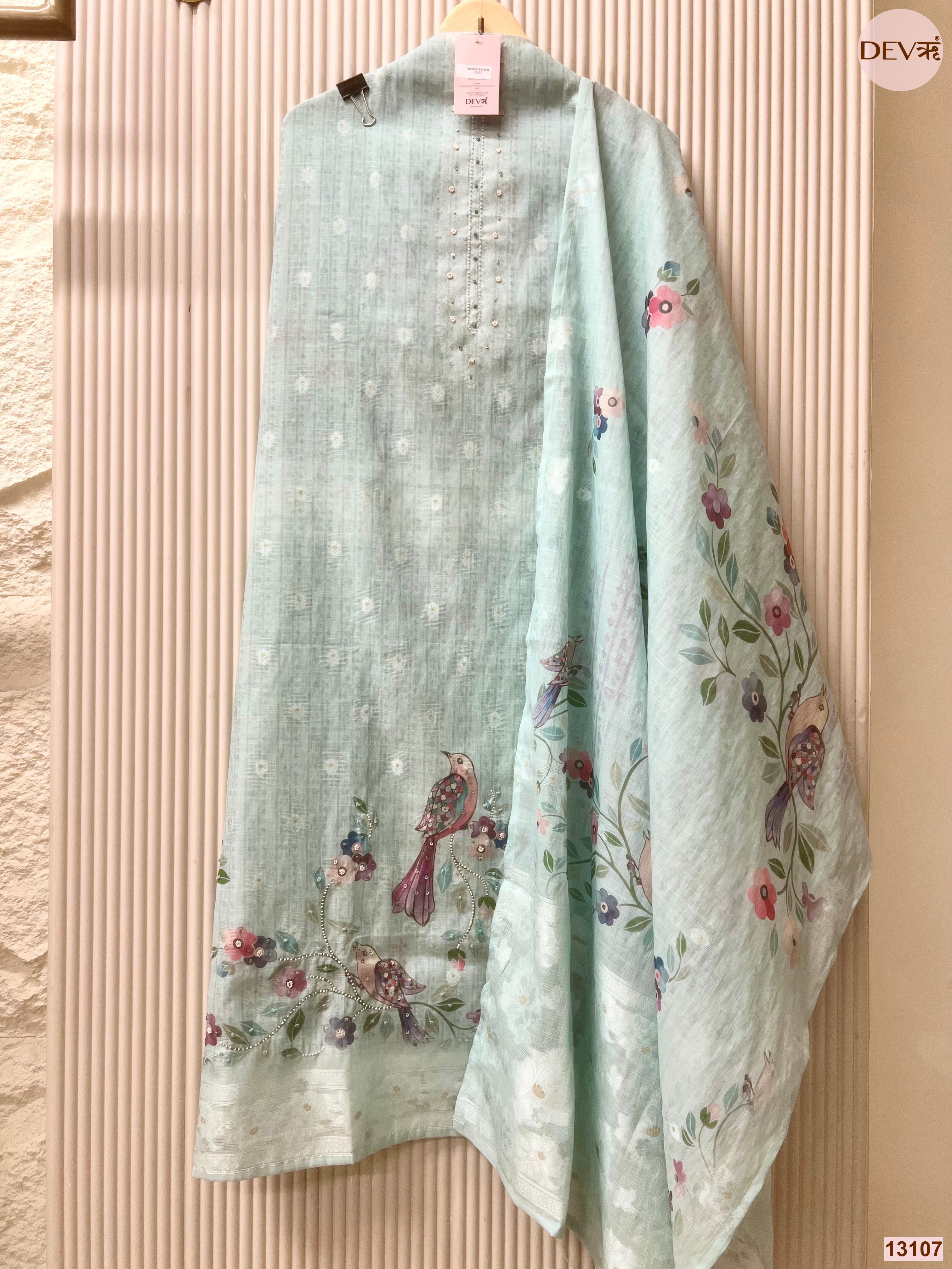 Aqua Linen Cotton Printed Unstitched 3-Piece Suit (Devri – D.No 13107)