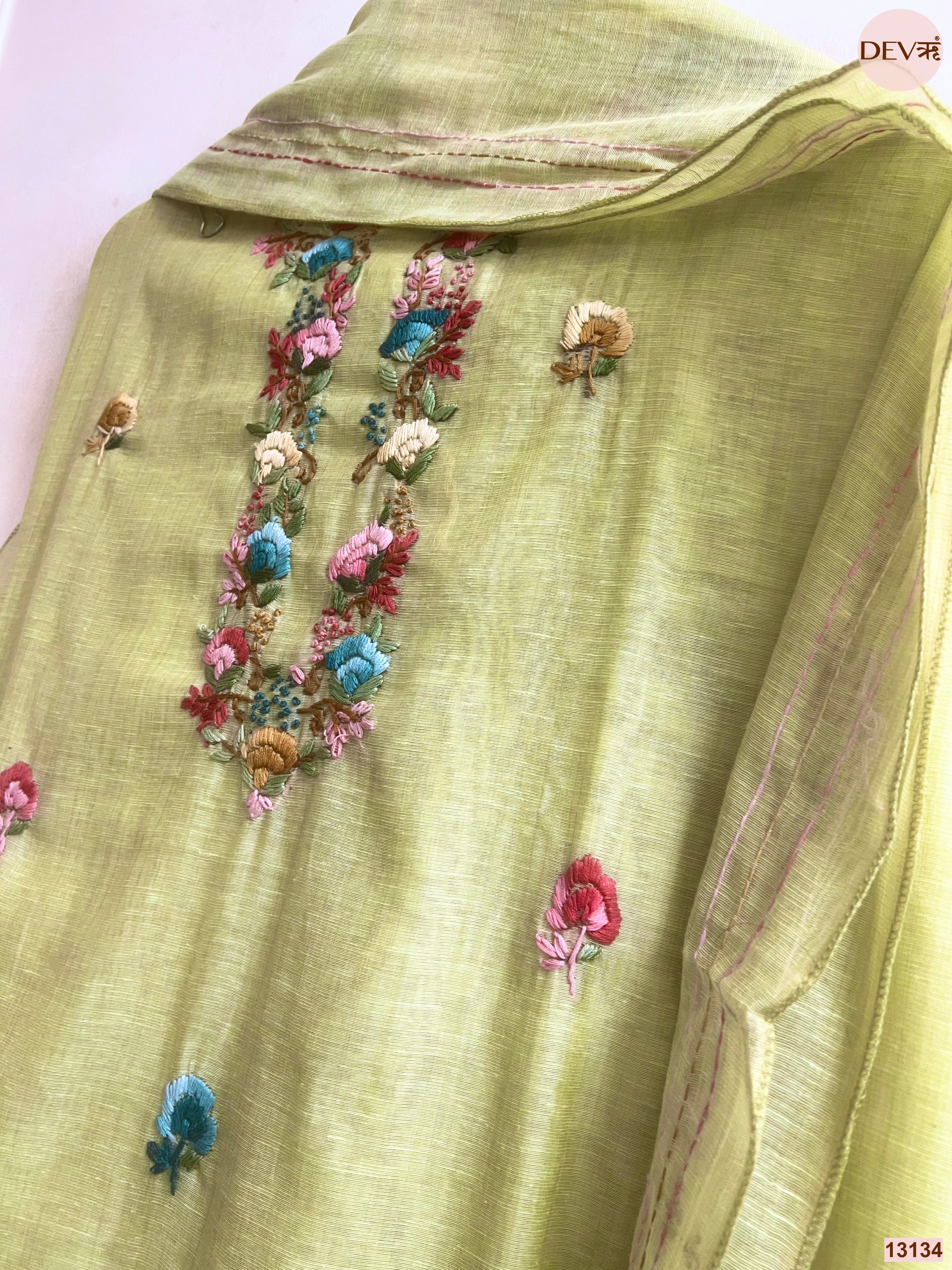 Lime Jamdani Cotton Embroidered Unstitched 3-Piece Suit (Devri – D.No 13134)