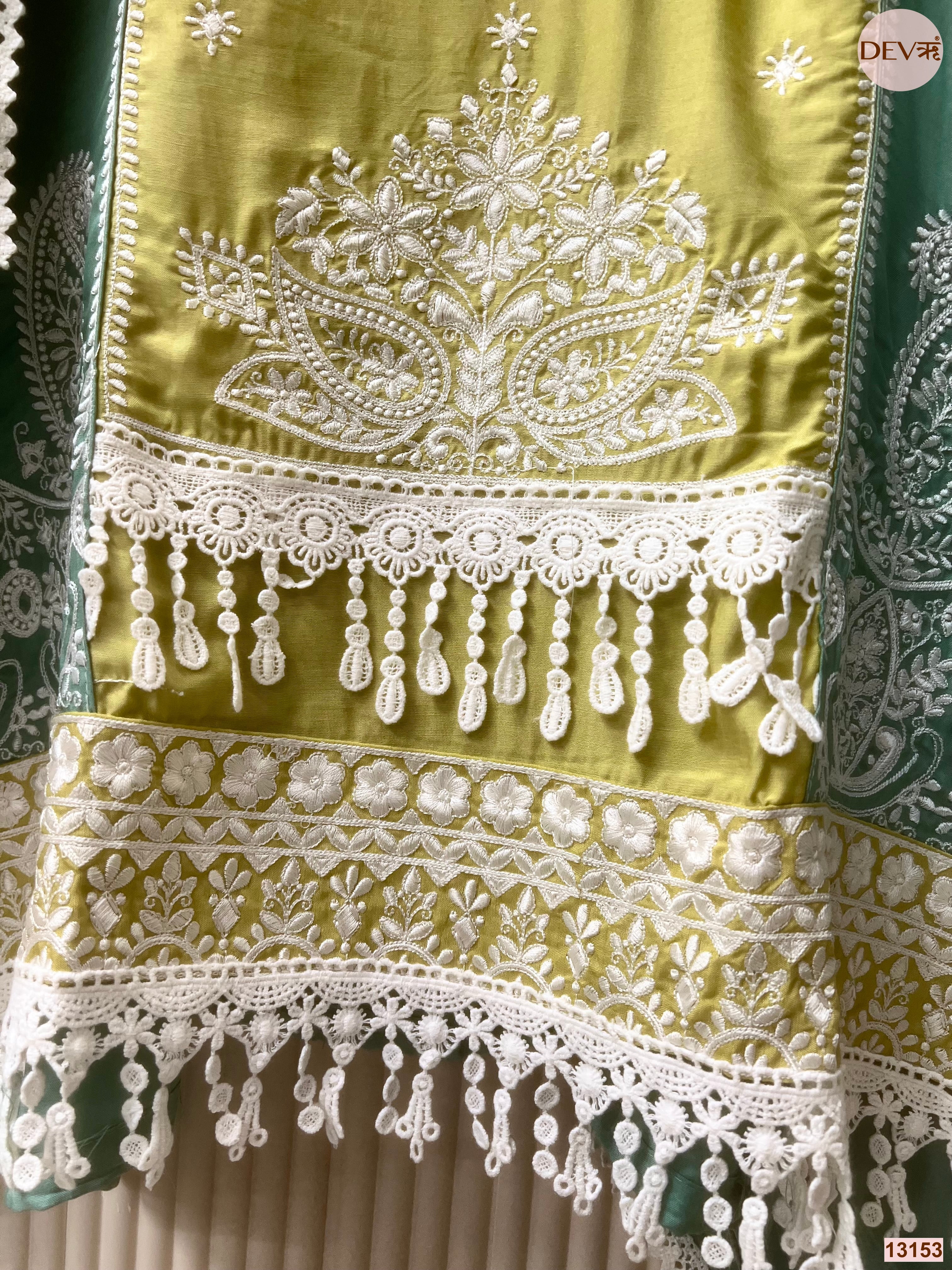 Lime Muslin Embroidered Unstitched 3-Piece Suit (Devri – D.No 13153)