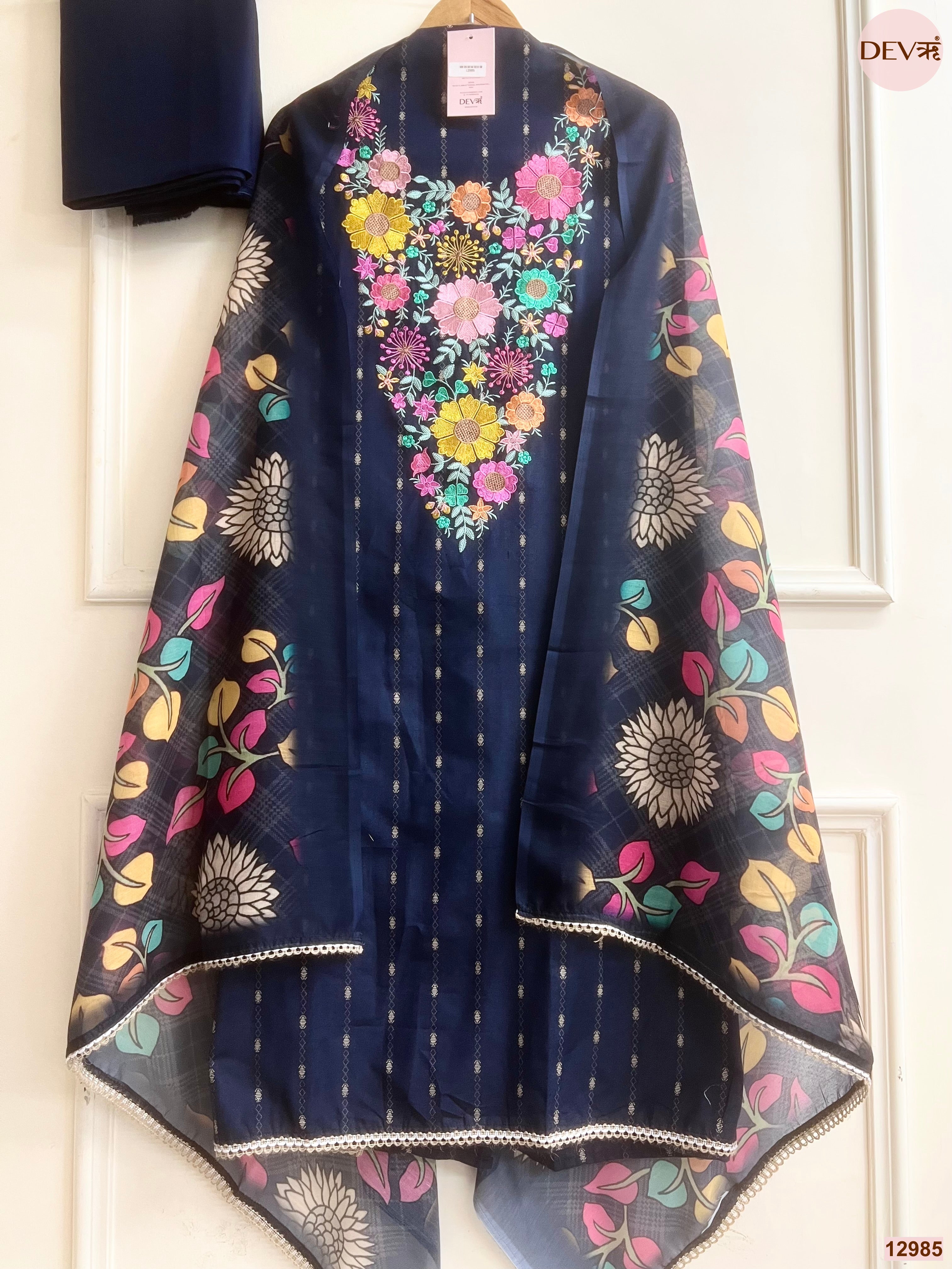 Navy Cotton Handloom Printed Unstitched 3-Piece Suit (Devri – D.No 12985)