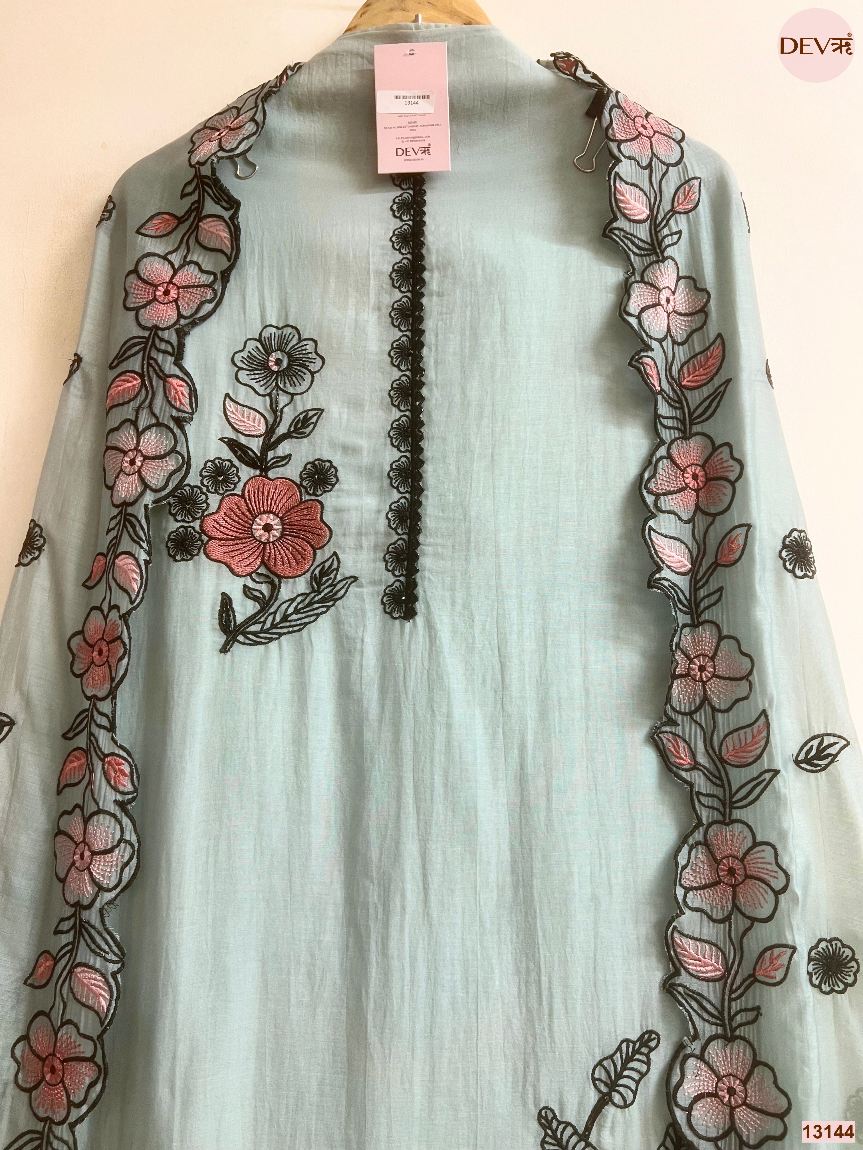 Mint Mul Chanderi Embroidered Unstitched 3-Piece Suit (Devri – D.No 13144)