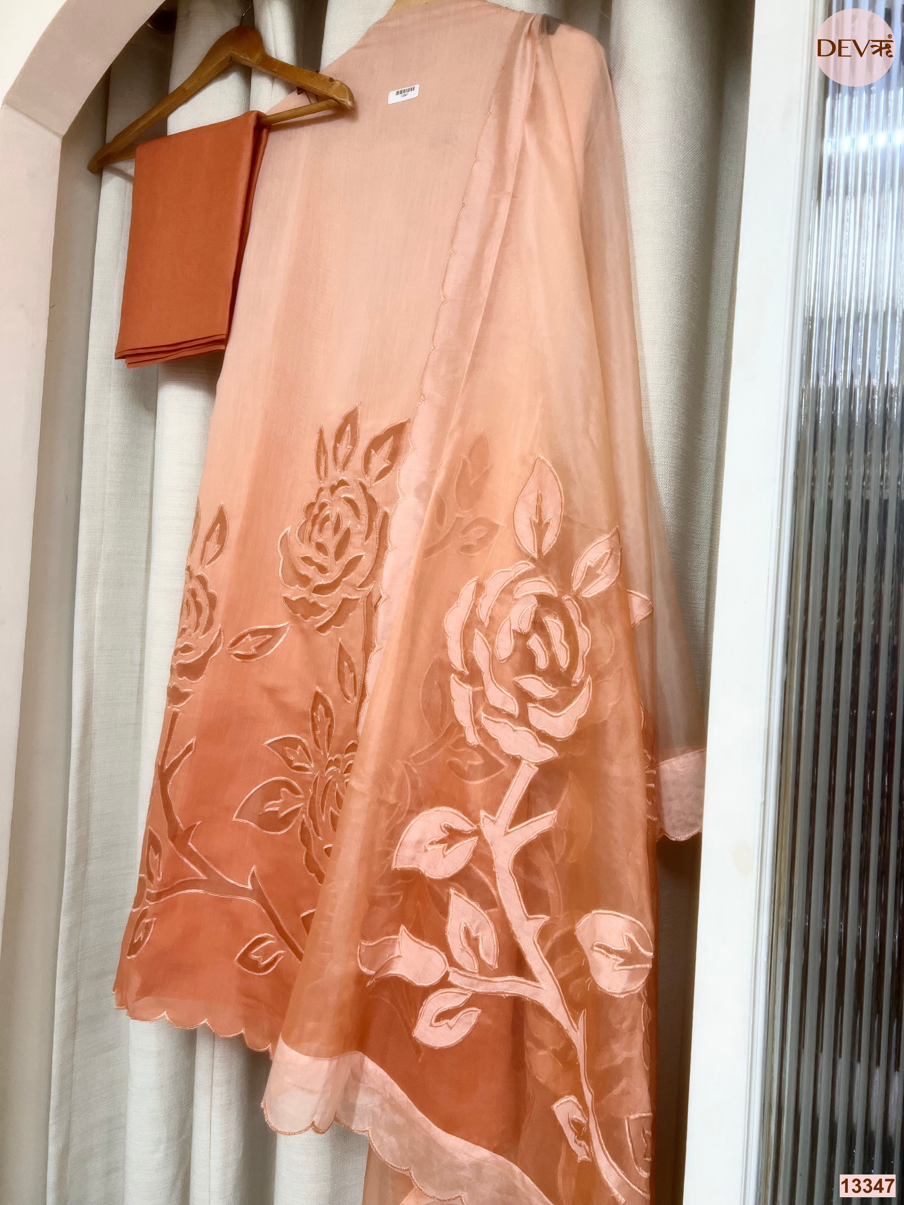 Peach Mul Chanderi Embroidered Unstitched 3-Piece Suit (Devri – D.No 13347)