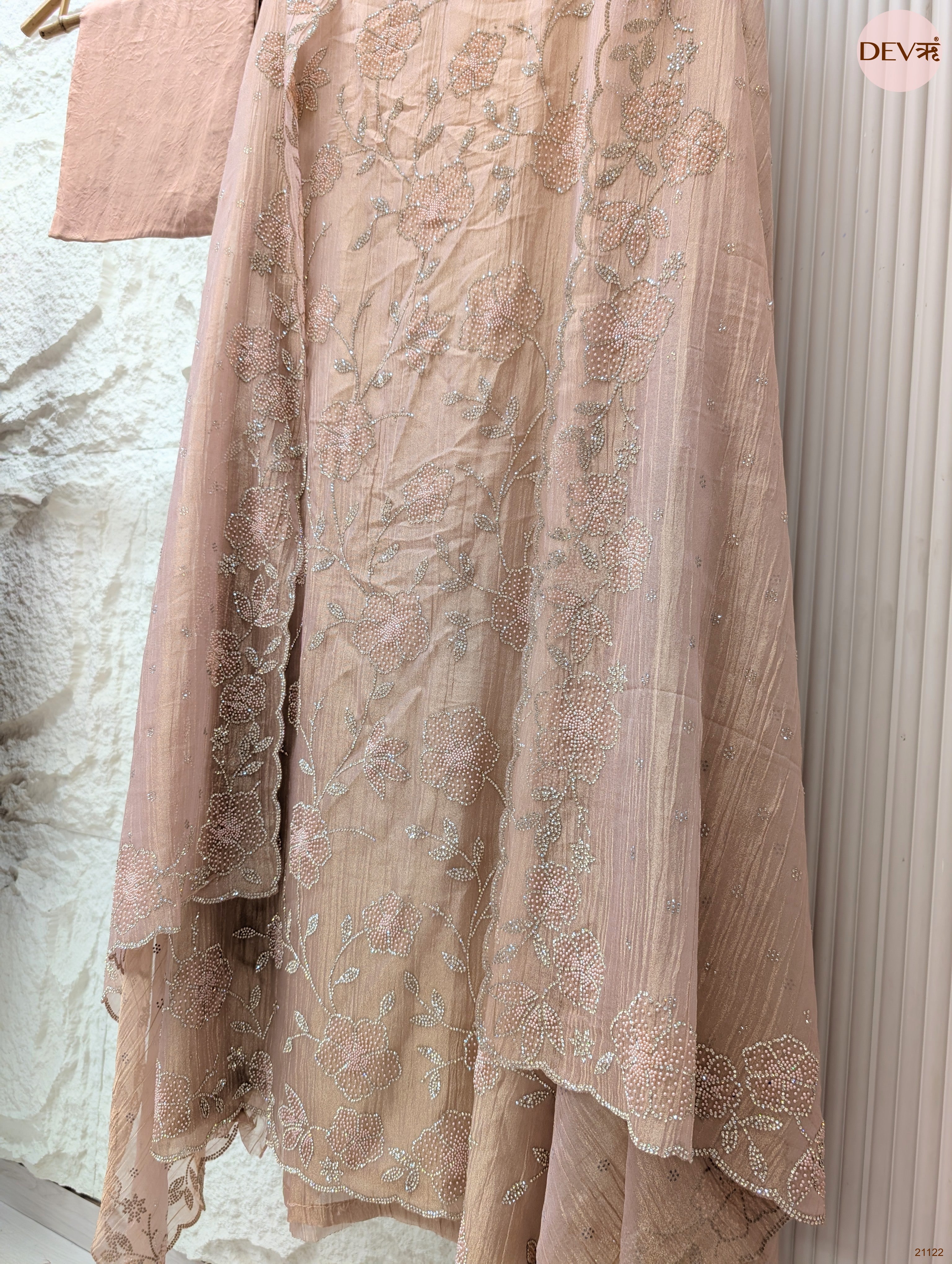 Peach Pure Tissue Crush Silk Embroidered Unstitched 3-Piece Suit (Devri – D.No 21122)