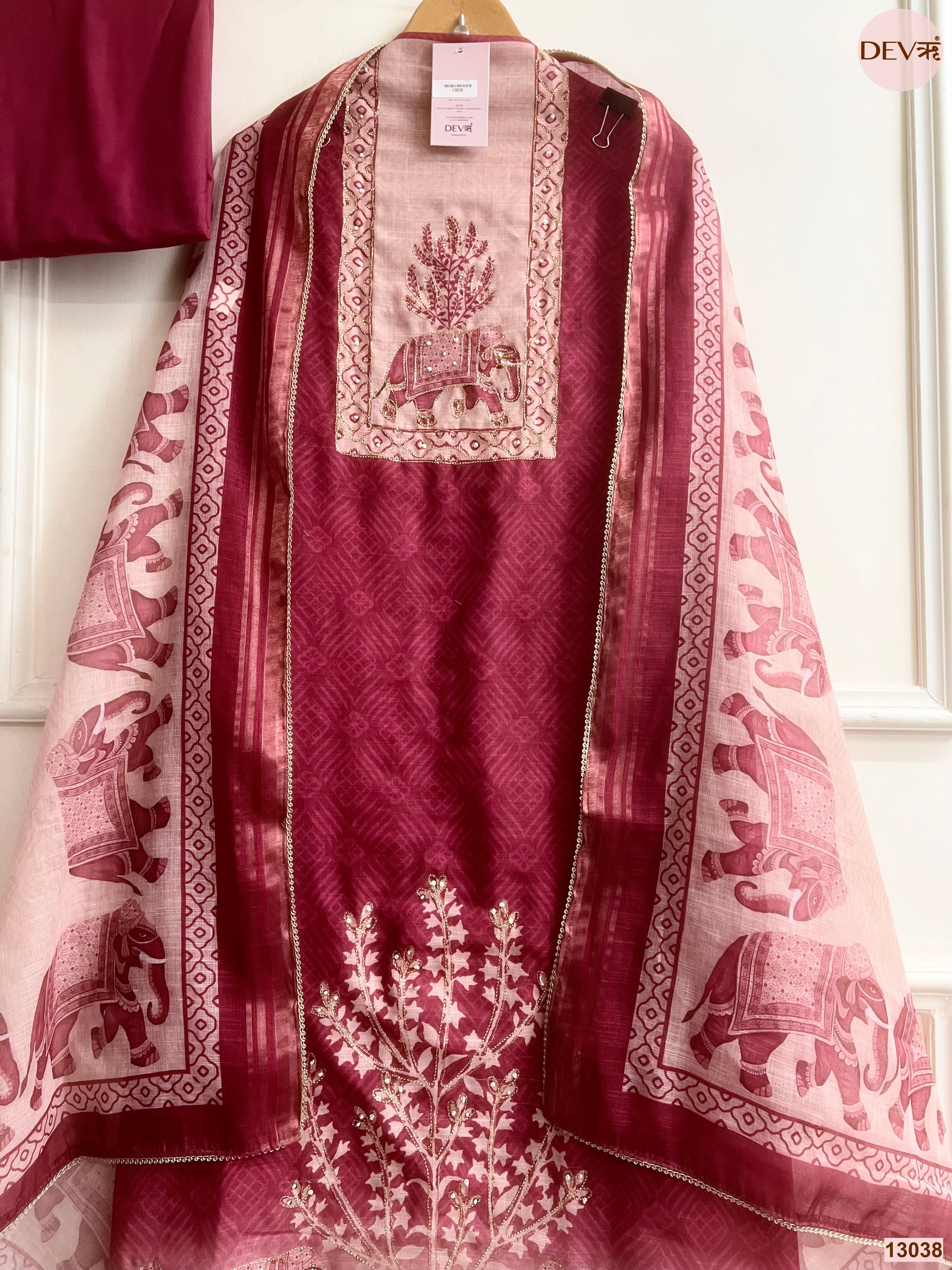 Wine Linen Cotton Printed Unstitched 3-Piece Suit (Devri – D.No 13038)