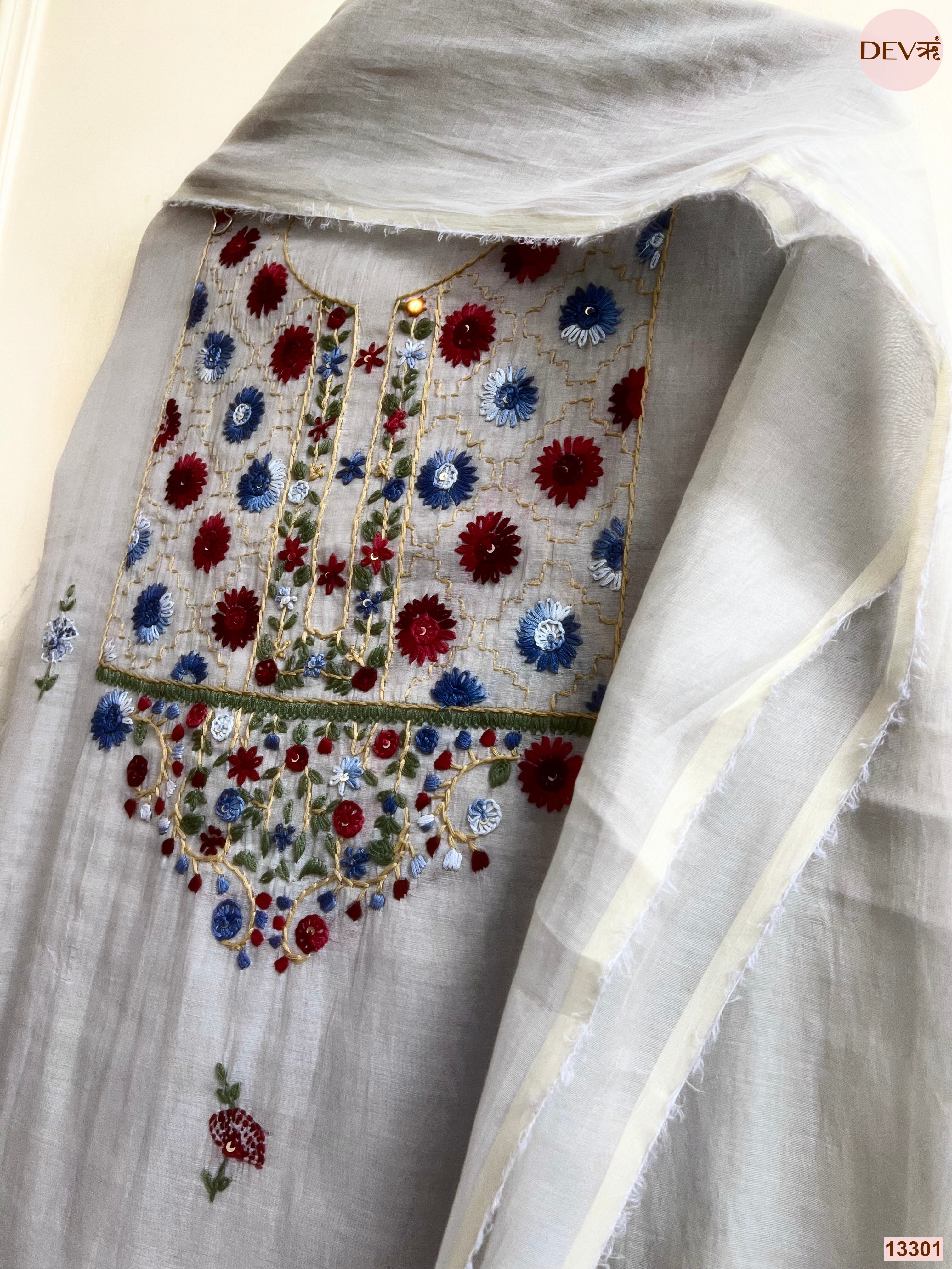 Grey Mul Chanderi Embroidered Unstitched 3-Piece Suit (Devri – D.No 13301)