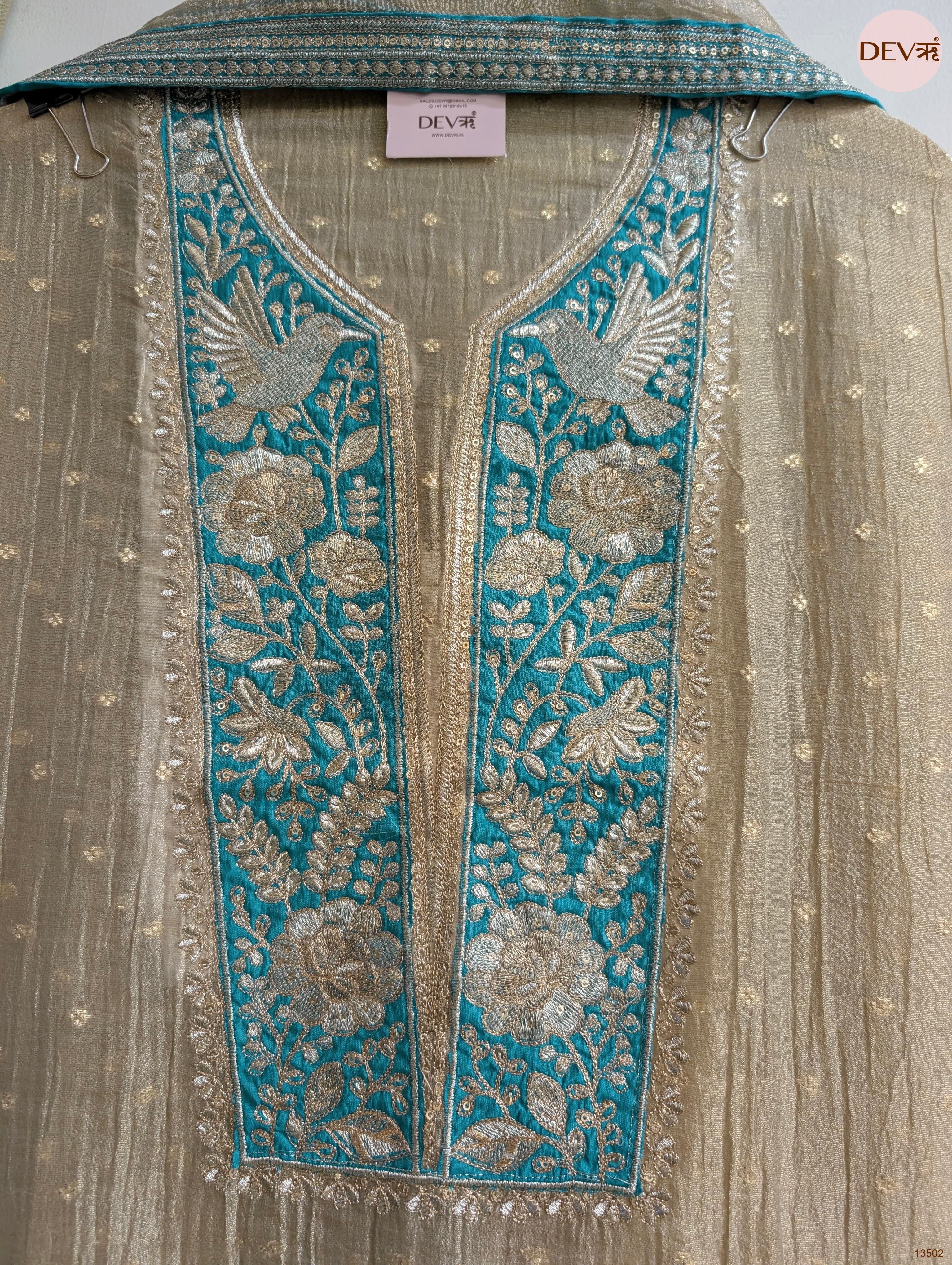 Grey Tissue Silk Embroidered Unstitched 3-Piece Suit (Devri – D.No 13502)