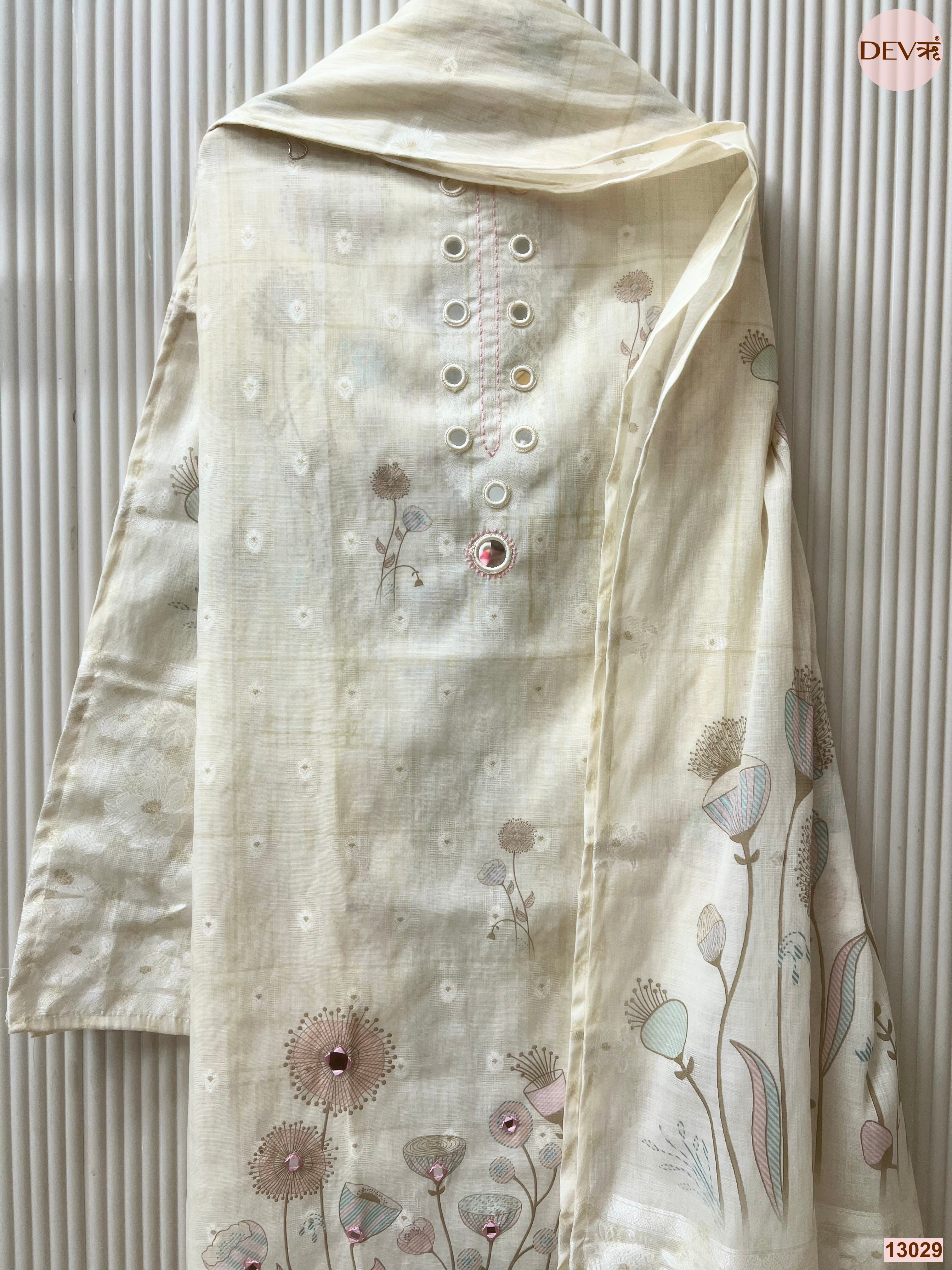 Cream Pure Linen Printed Unstitched 3-Piece Suit (Devri – D.No 13029)