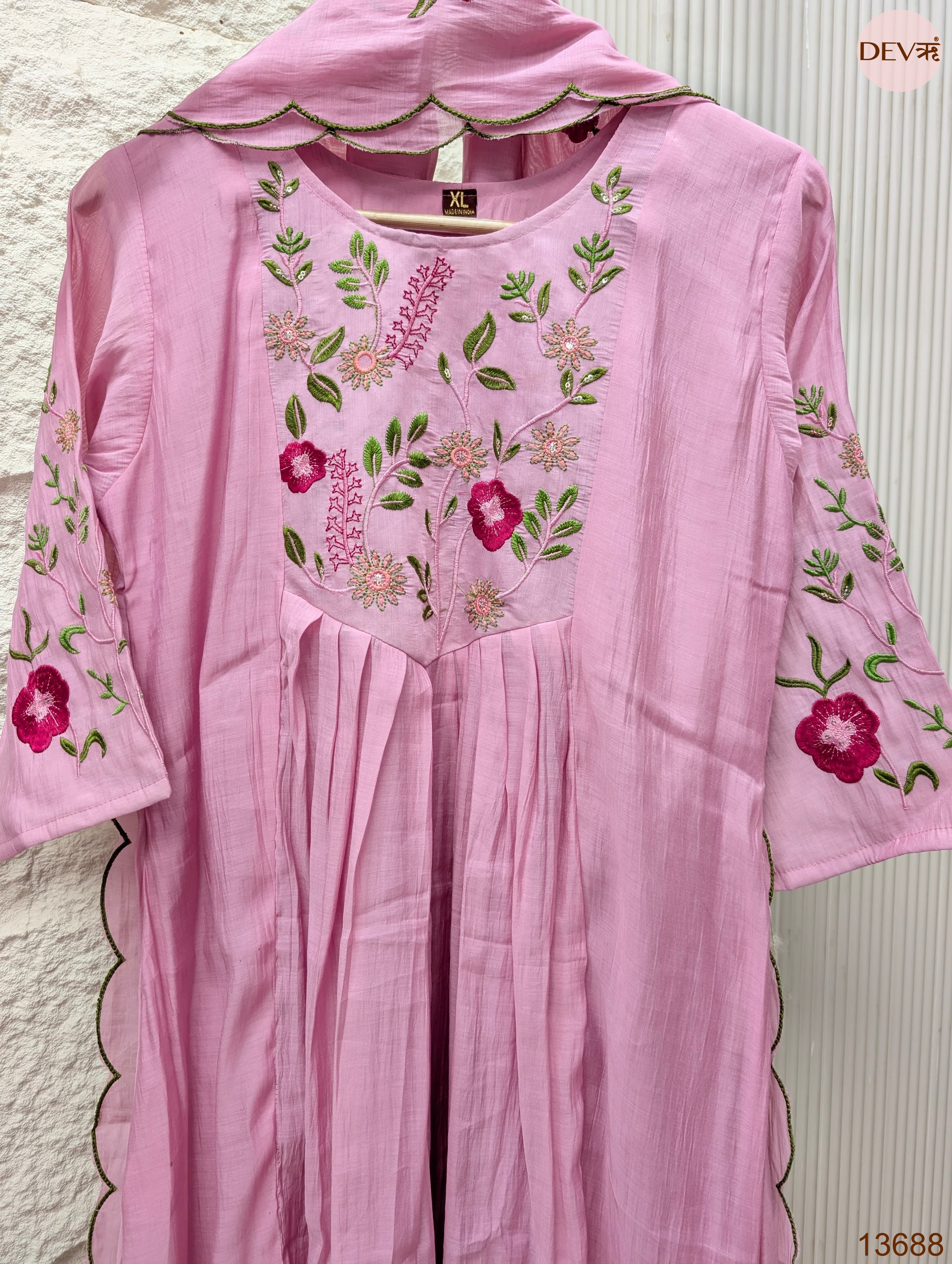 Gulnaar Mul Chanderi Embroidered Pink 3-Piece Set (Devri – D.No 13688)