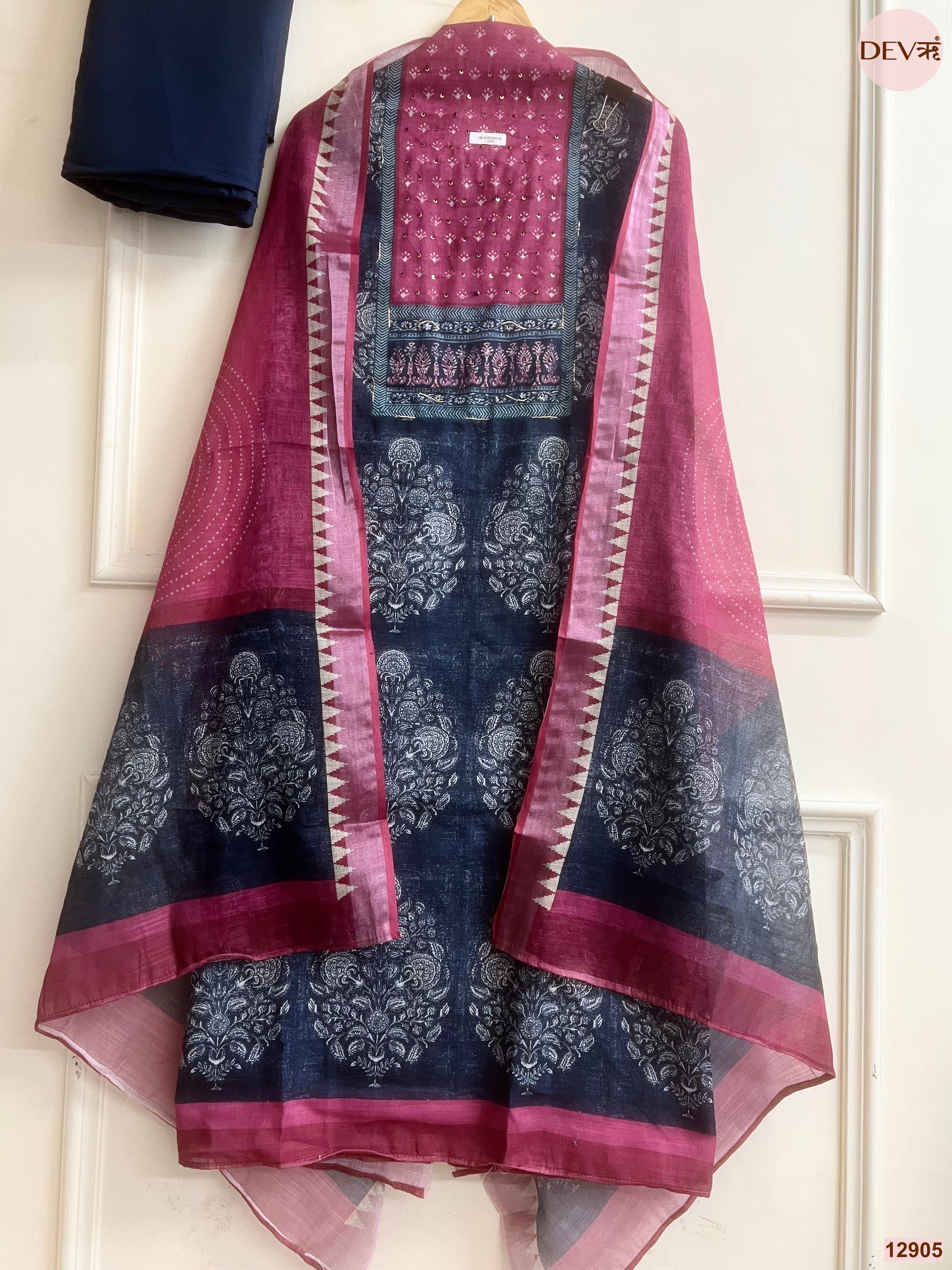 Pink Linen Cotton Printed Unstitched 3-Piece Suit (Devri – D.No 12905)