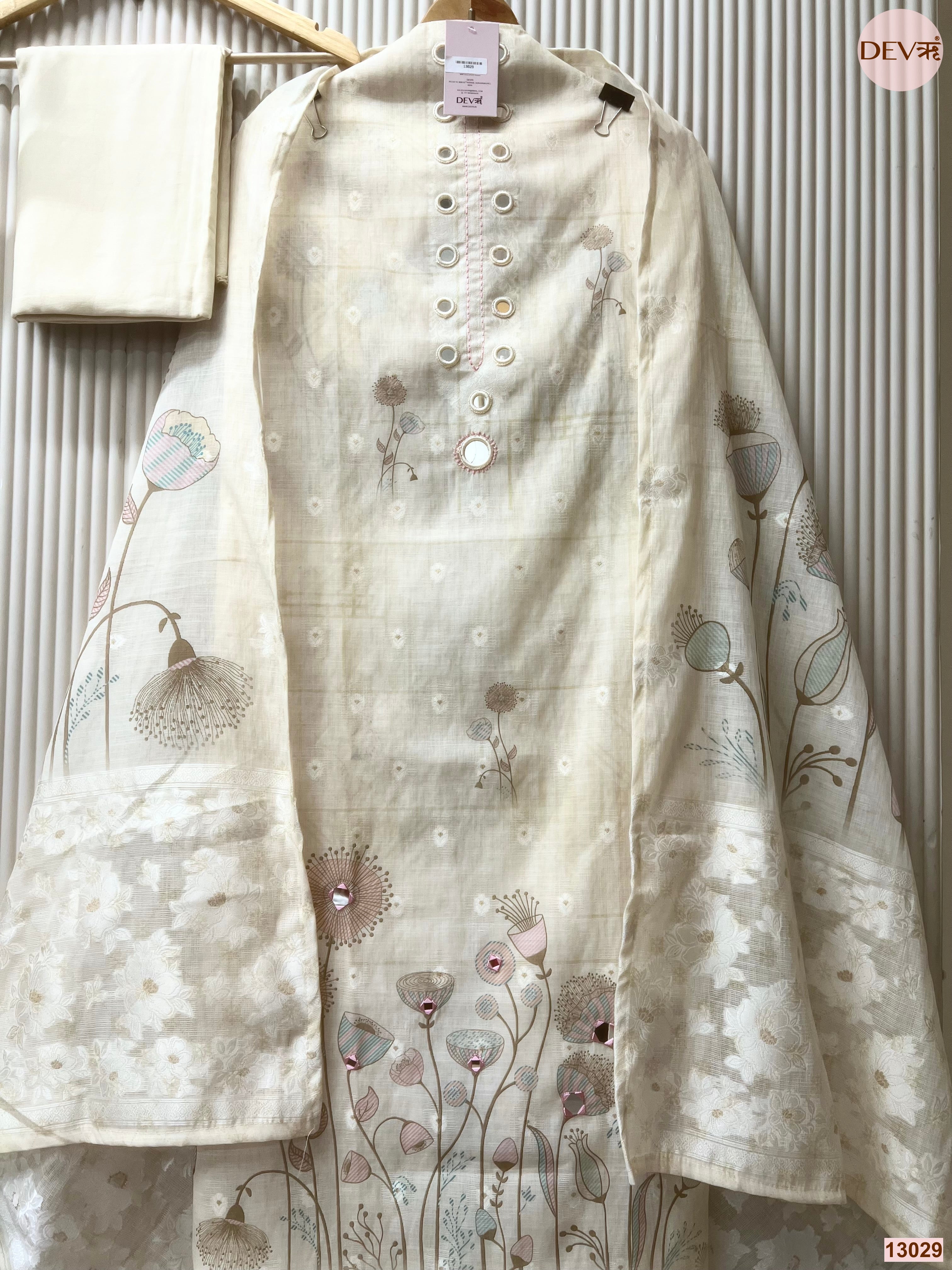 Cream Pure Linen Printed Unstitched 3-Piece Suit (Devri – D.No 13029)