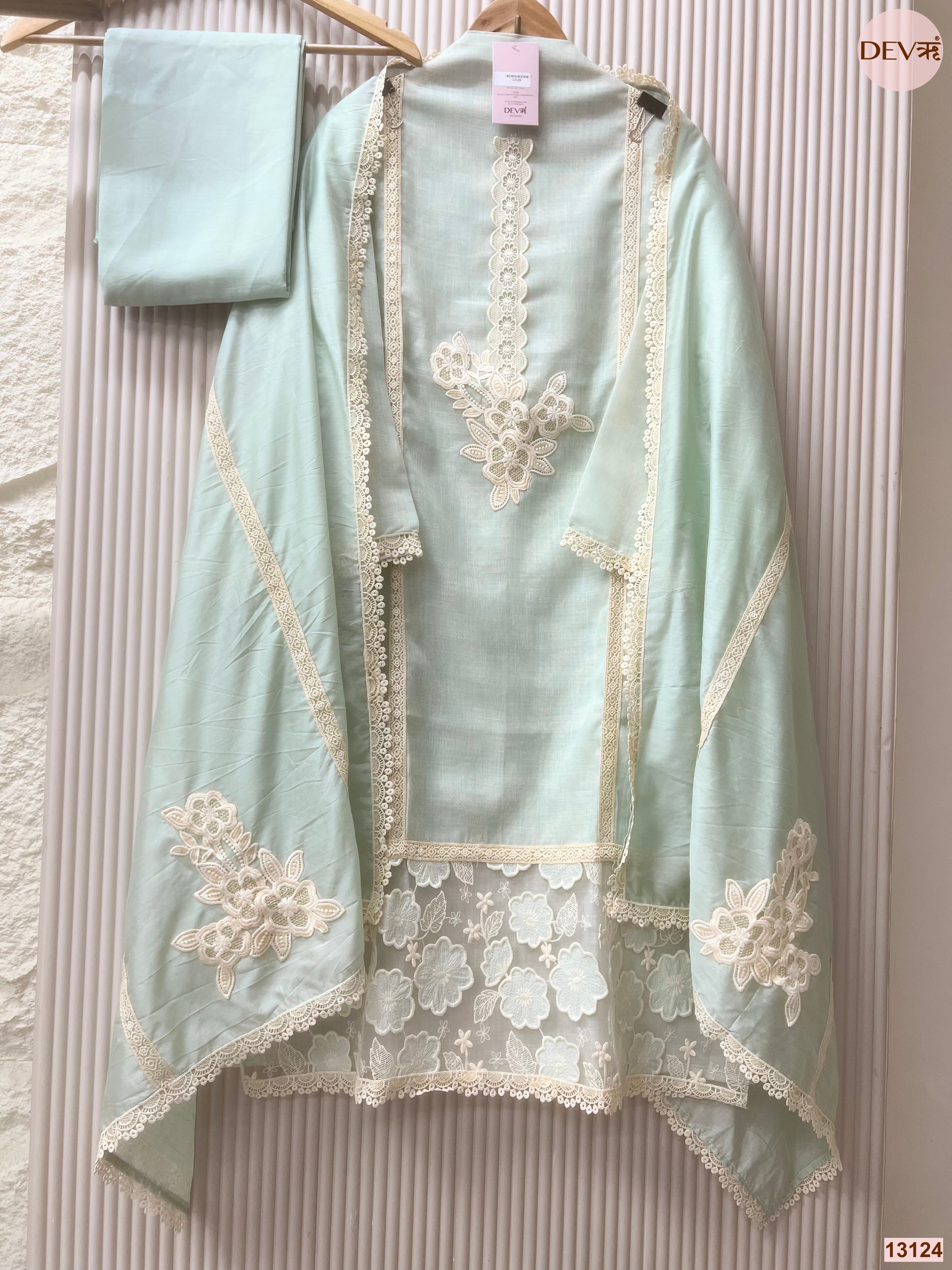 Mint Linen Cotton Embroidered Unstitched 3-Piece Suit (Devri – D.No 13124)