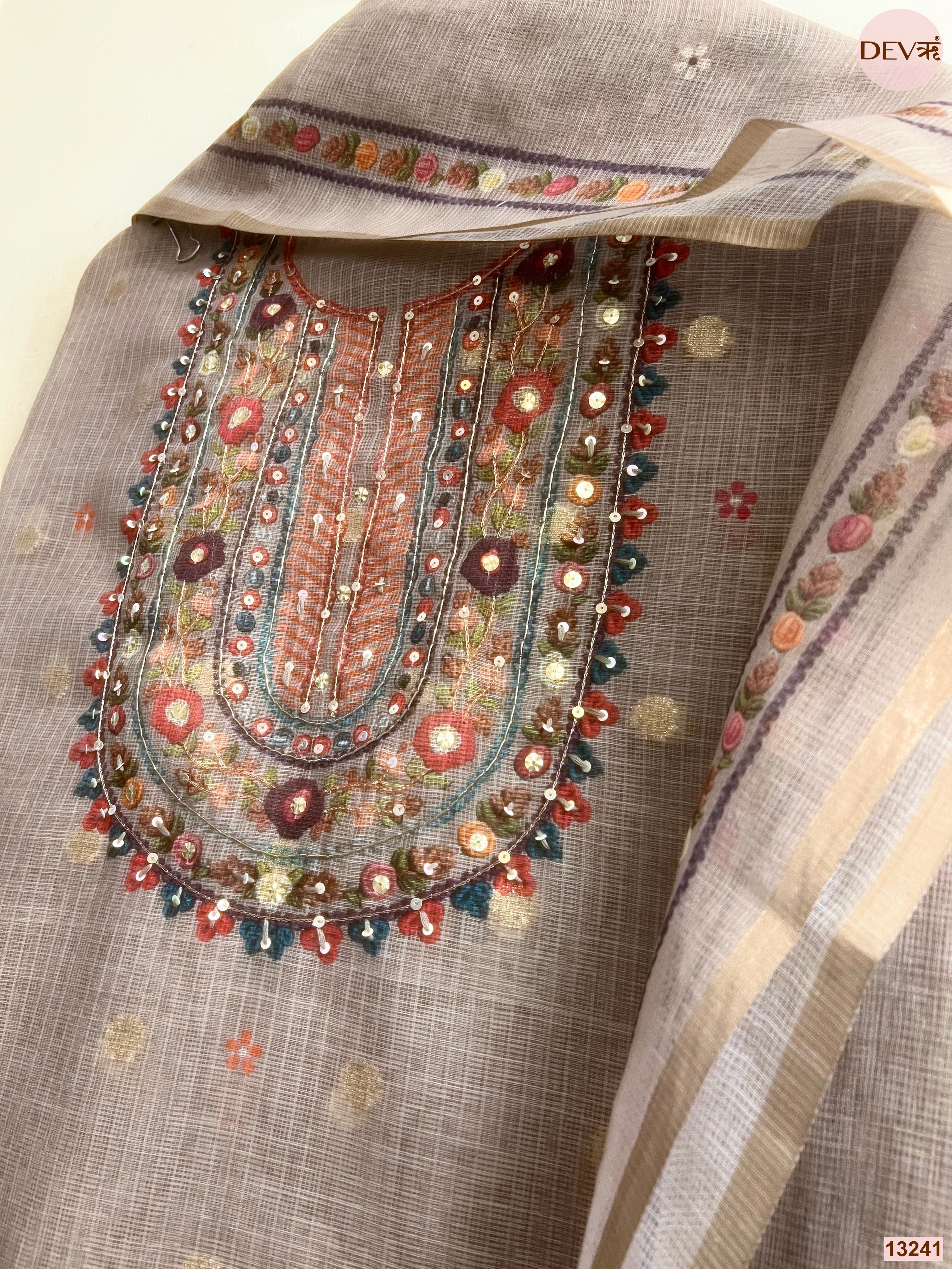 Taupe Kota Printed Unstitched 3-Piece Suit (Devri – D.No 13241)