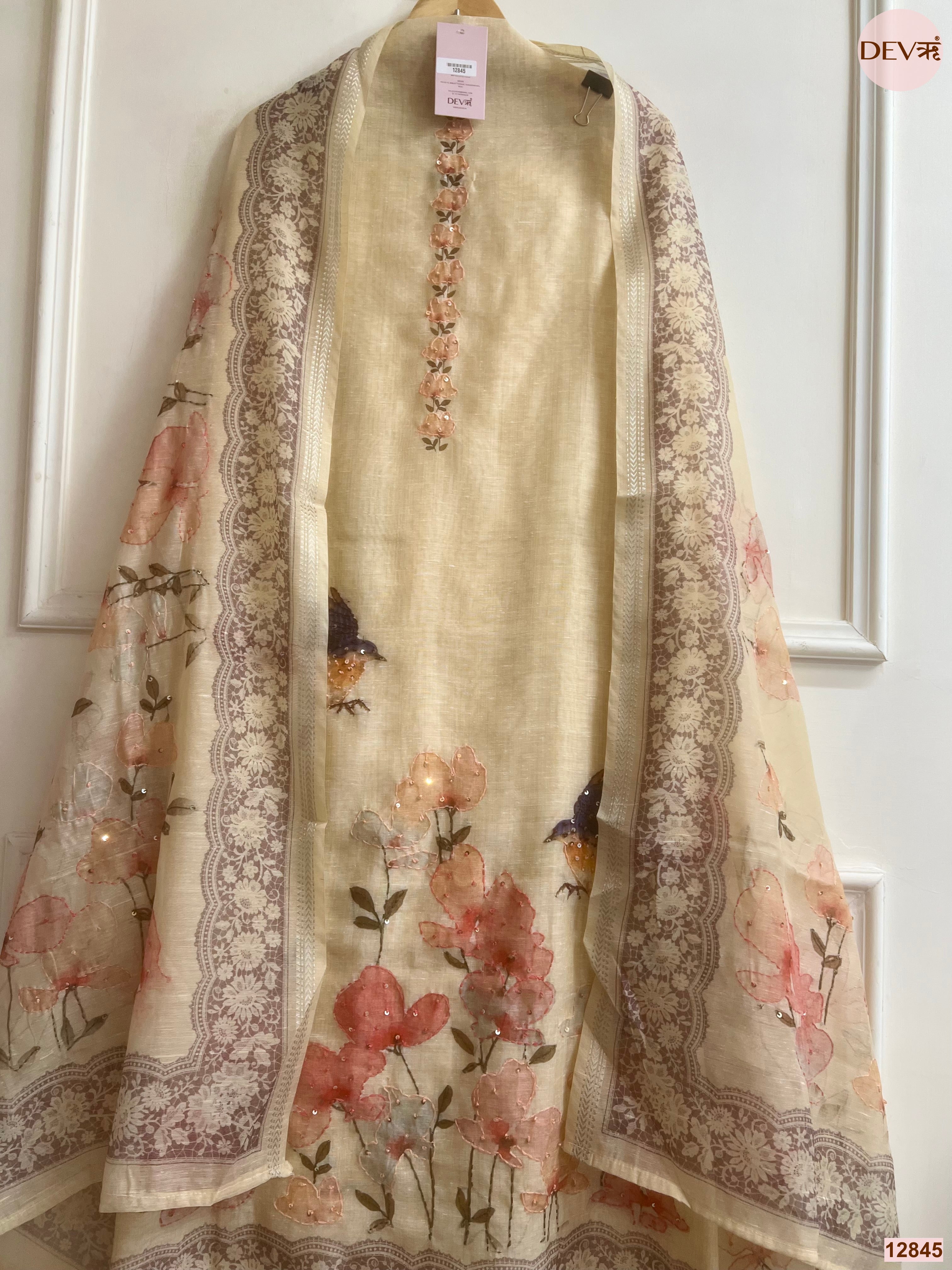 Cream Mul Chanderi Printed Unstitched 3-Piece Suit (Devri – D.No 12845)