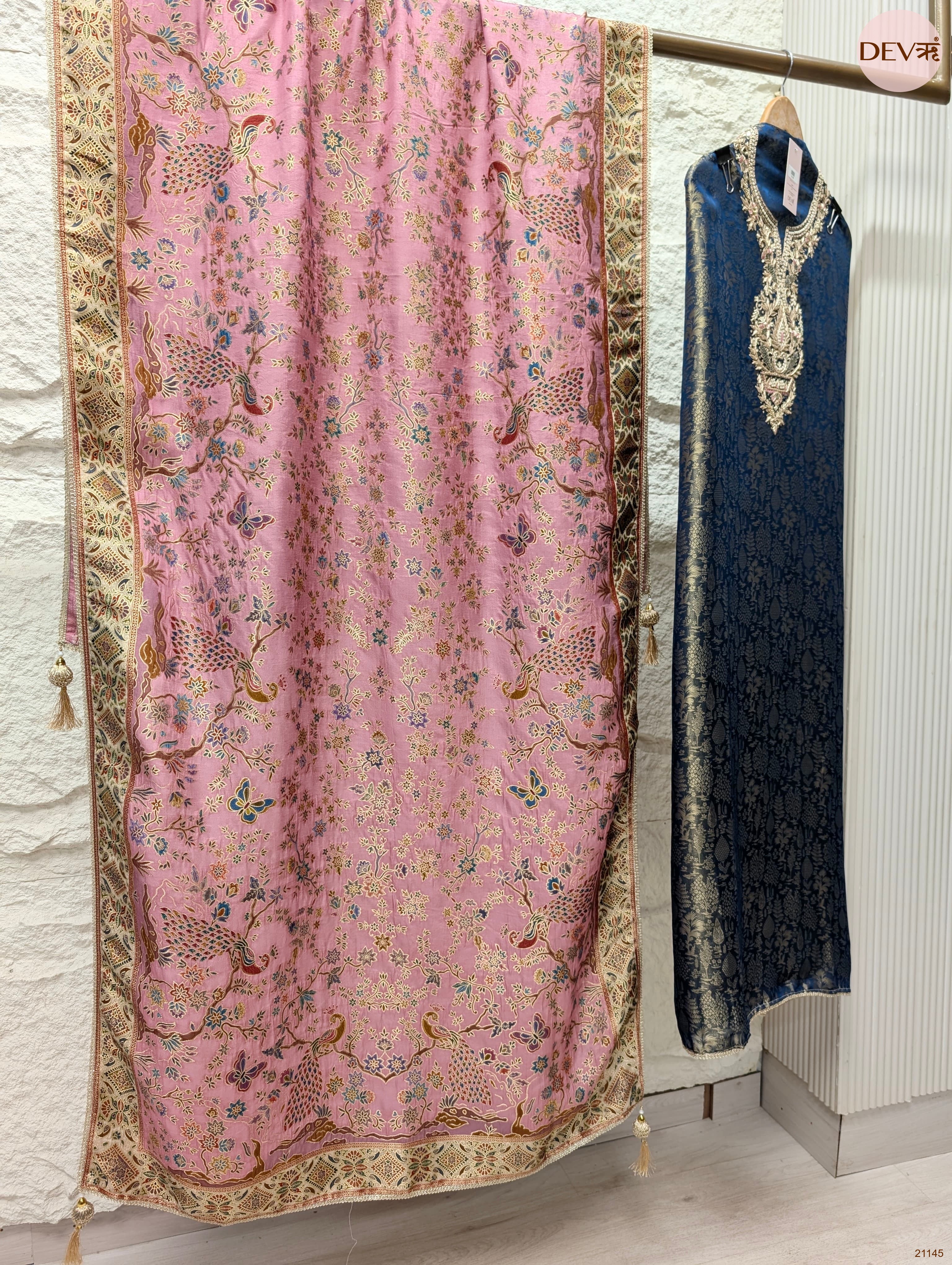 Blue Pure Banarasi Woven Silk Embroidered Unstitched 3-Piece Suit (Devri – D.No 21145)