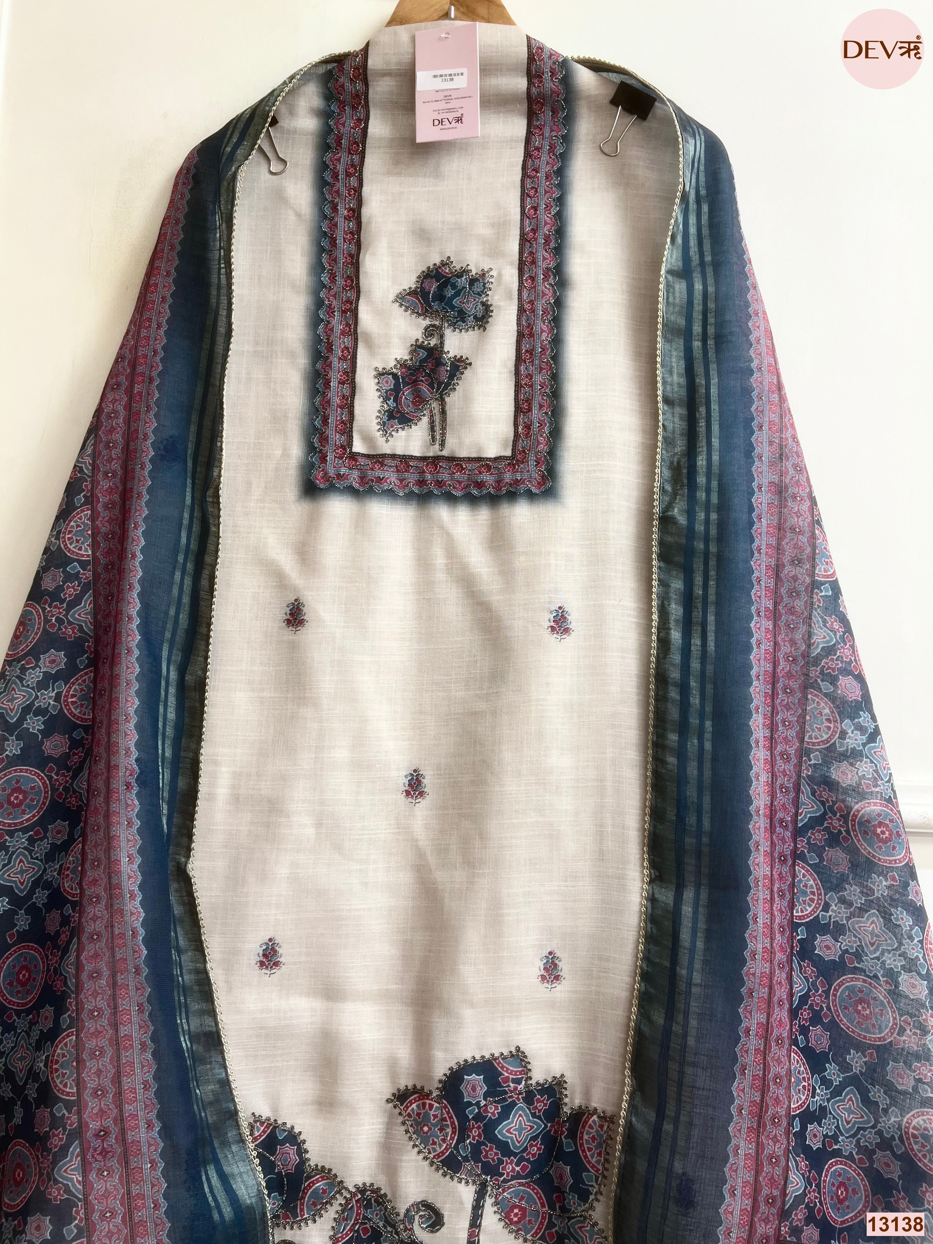 Cream Linen Printed Unstitched 3-Piece Suit (Devri – D.No 13138)