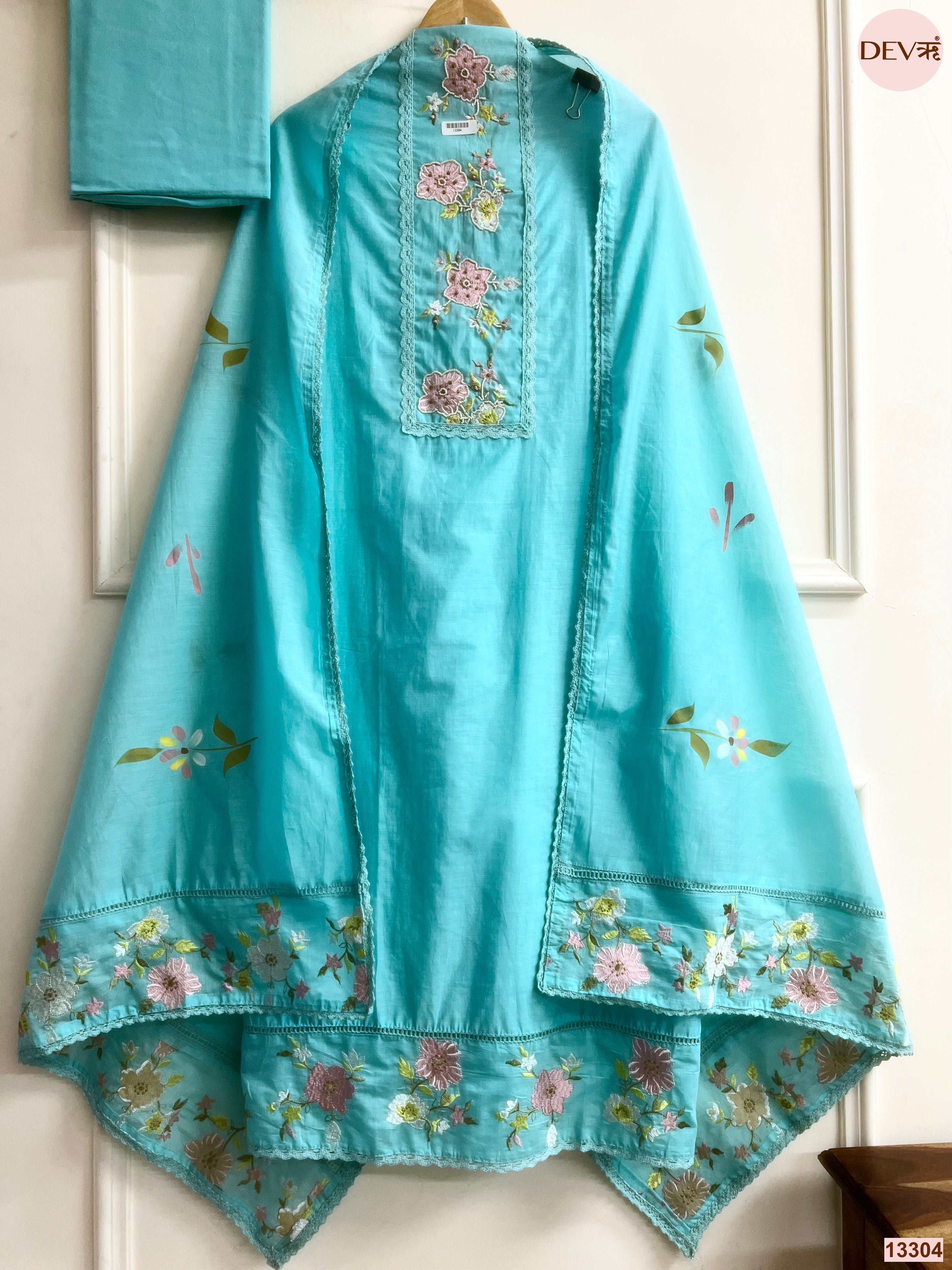 Turquoise Mul Cotton Embroidered Unstitched 3-Piece Suit (Devri – D.No 13304)