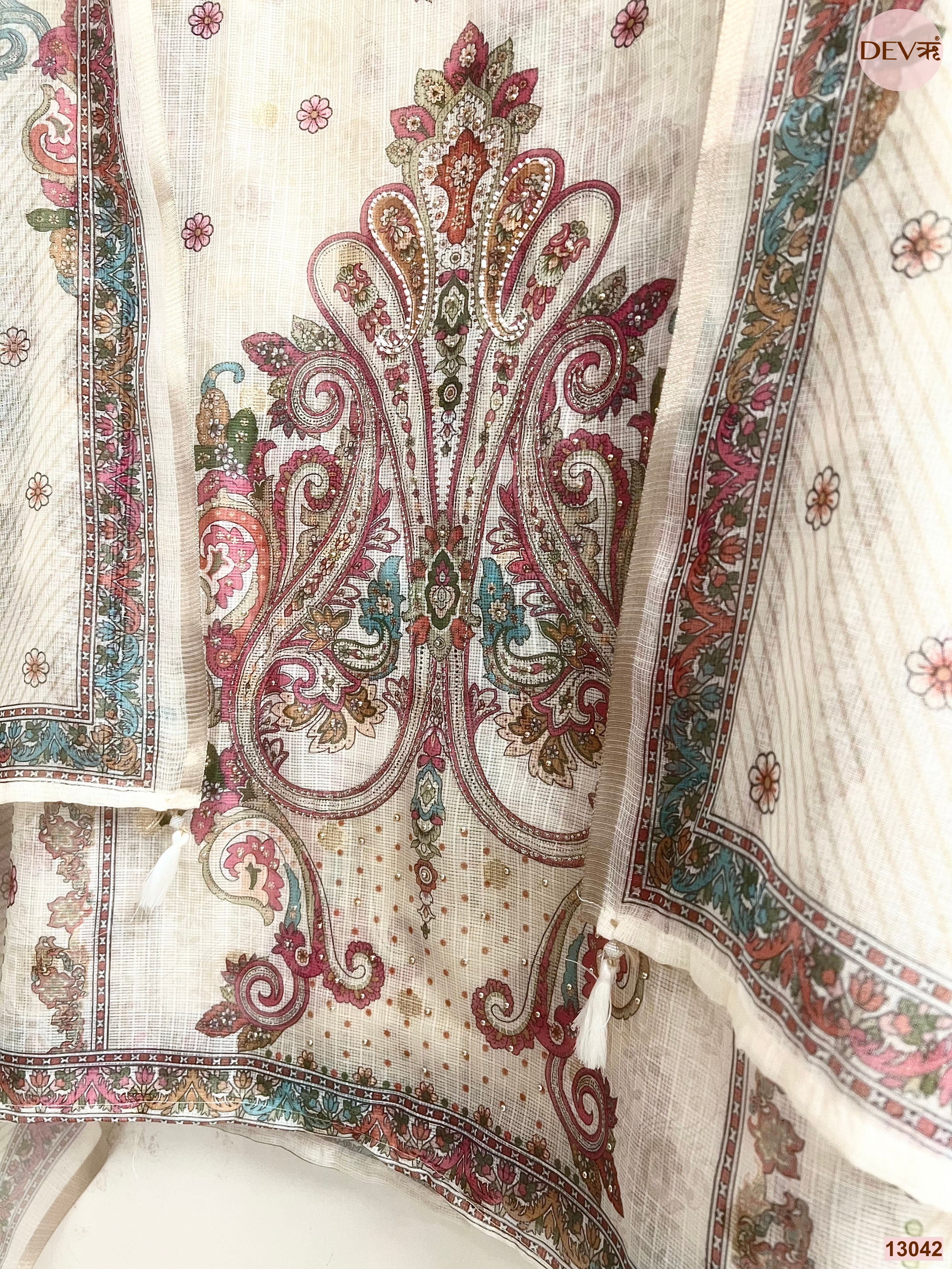 Cream Kota Printed Unstitched 3-Piece Suit (Devri – D.No 13042)