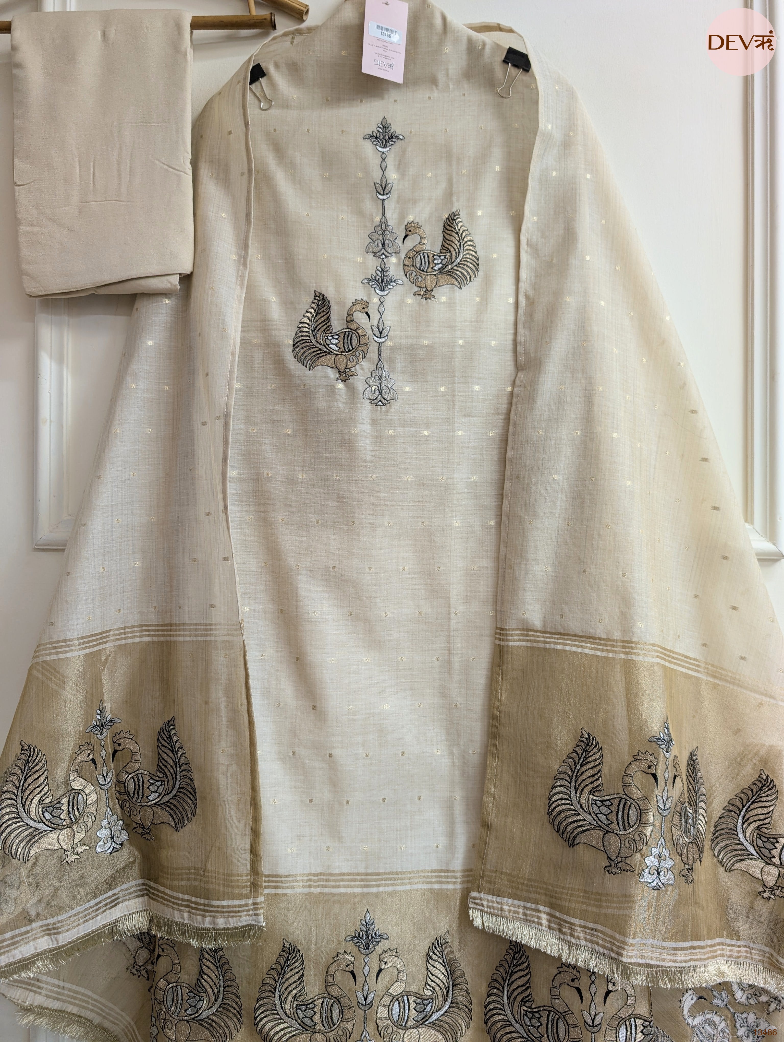 Beige Banarashi Silk Embroidered Unstitched 3-Piece Suit (Devri – D.No 13486)