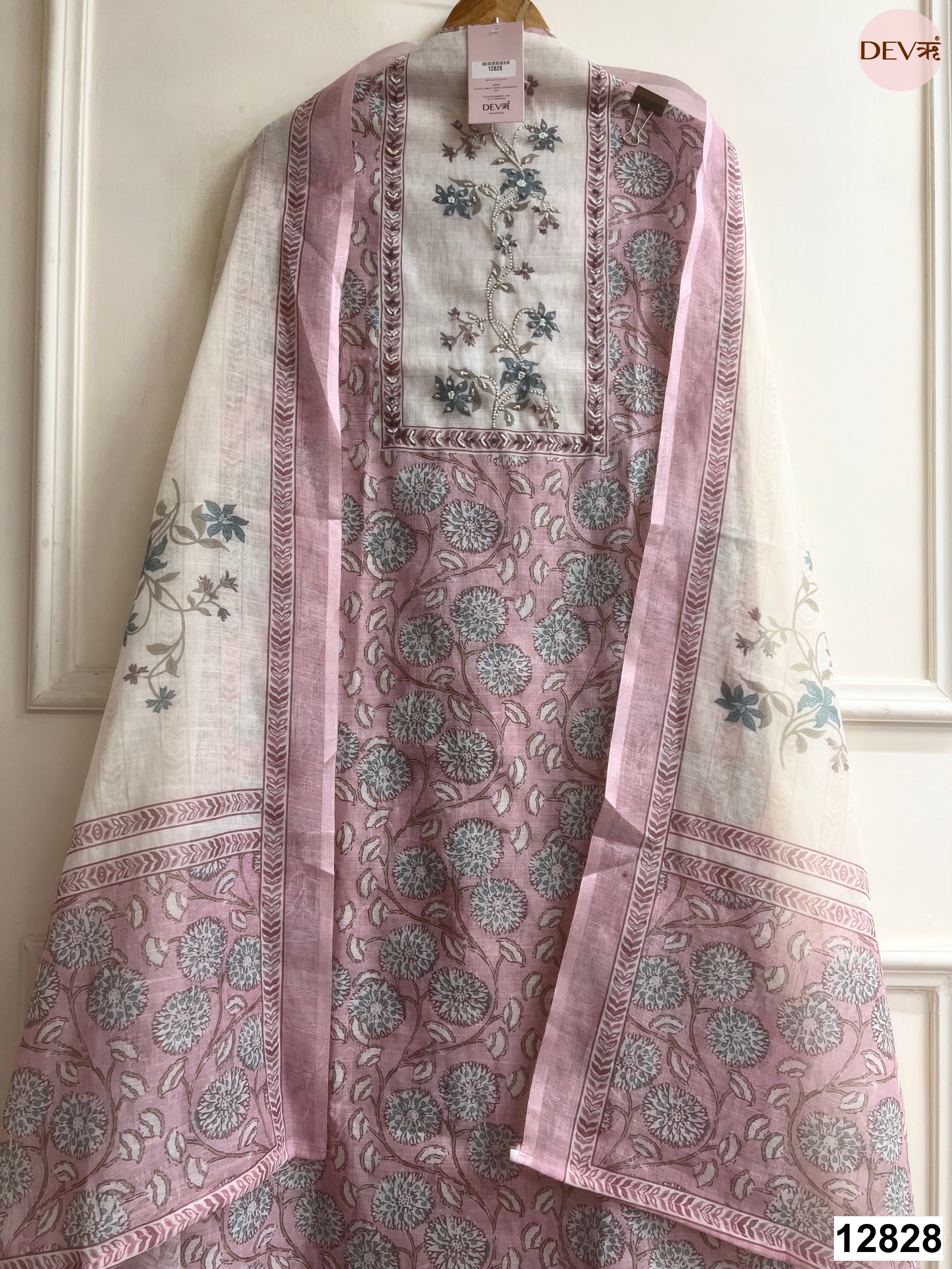Pink Linen Cotton Printed Unstitched 3-Piece Suit (Devri – D.No 12828)