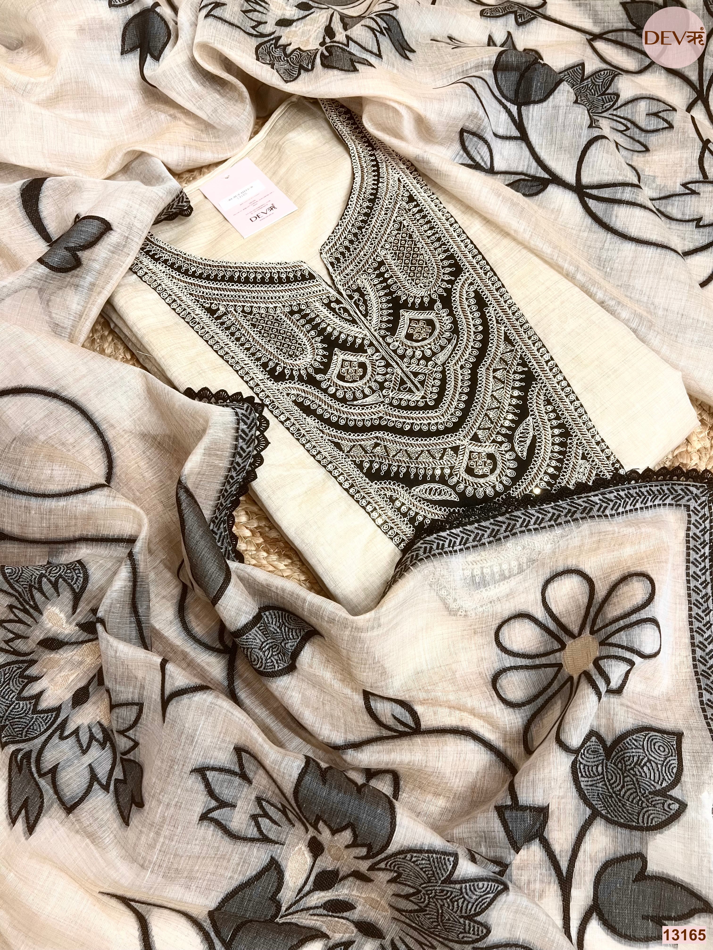 Beige Mul Canderi Embroidered Unstitched 3-Piece Suit (Devri – D.No 13165)