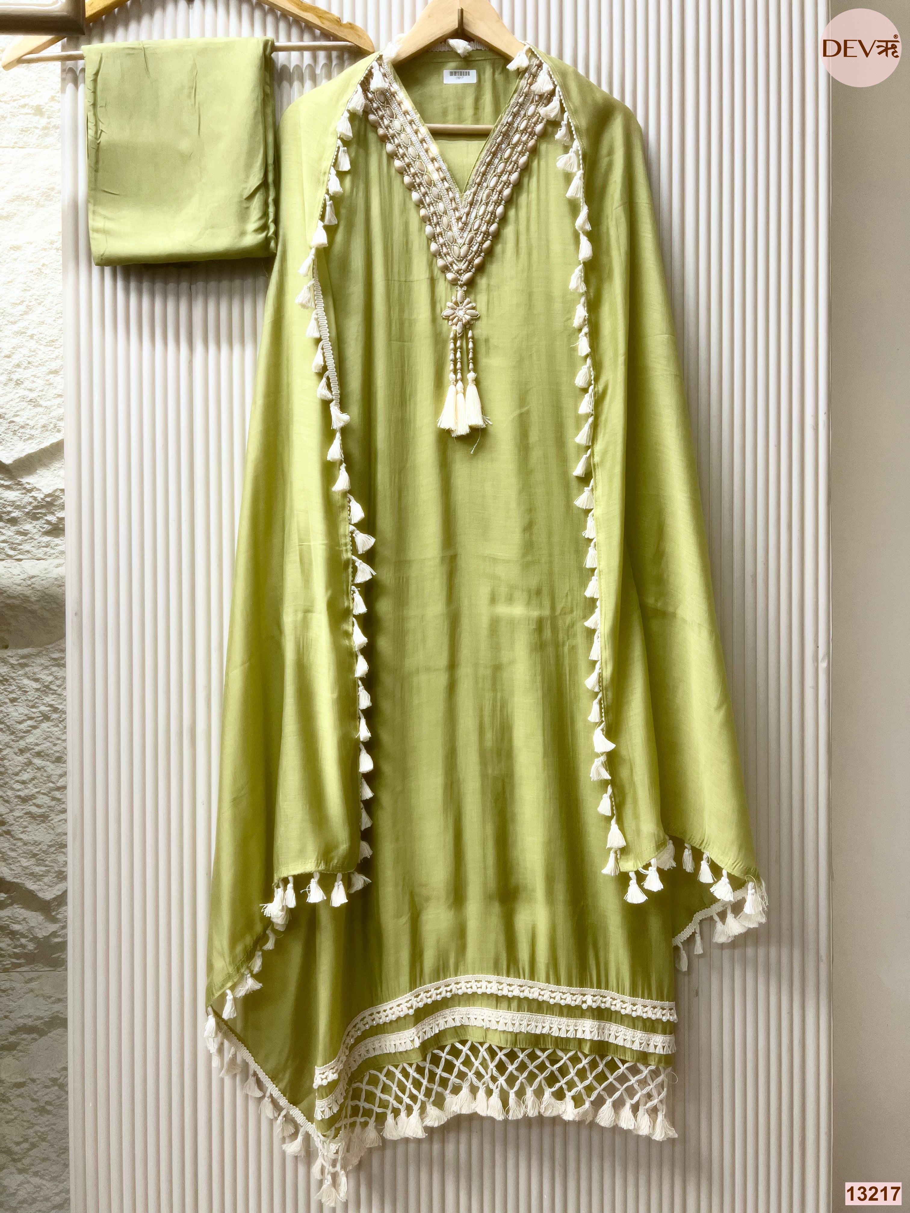Green Mul Chanderi Hand Unstitched 3-Piece Suit (Devri – D.No 13217)