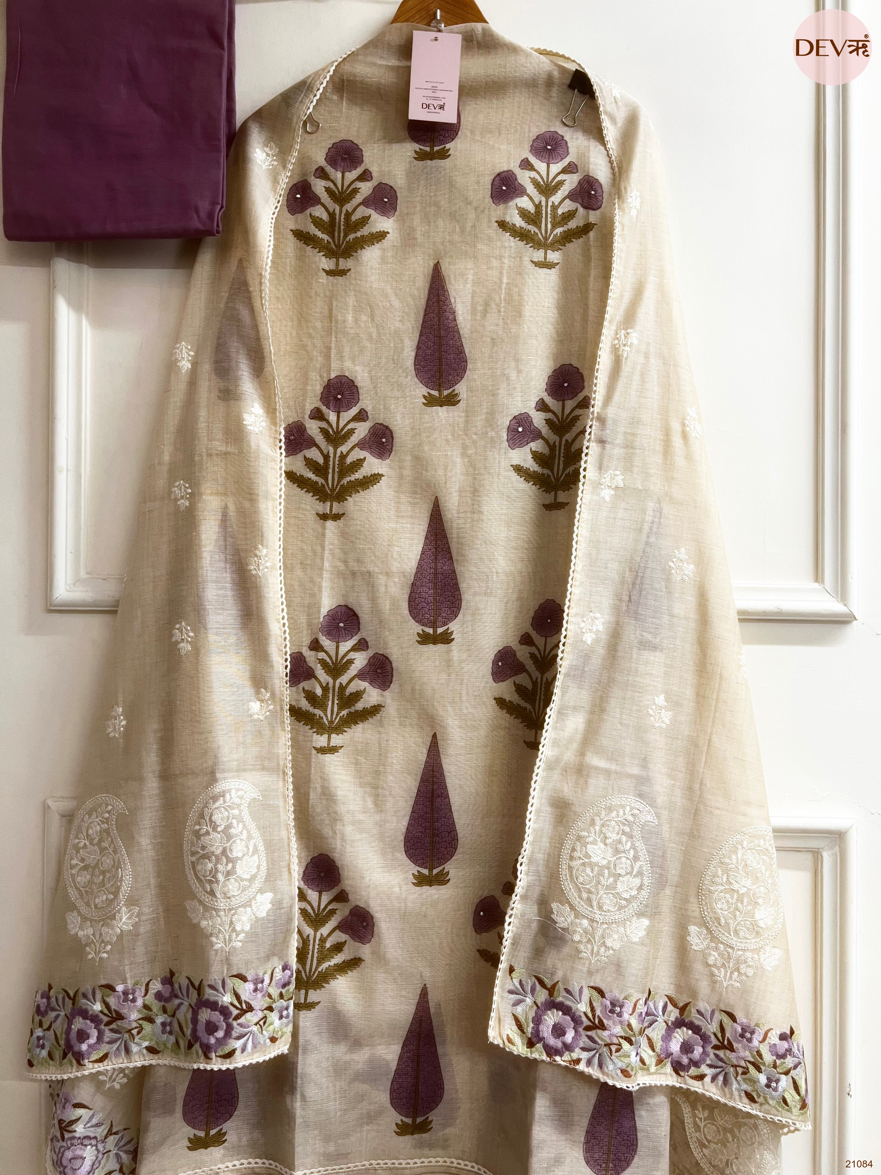 Beige Mul Chanderi Printed Unstitched 3-Piece Suit (Devri – D.No 21084)