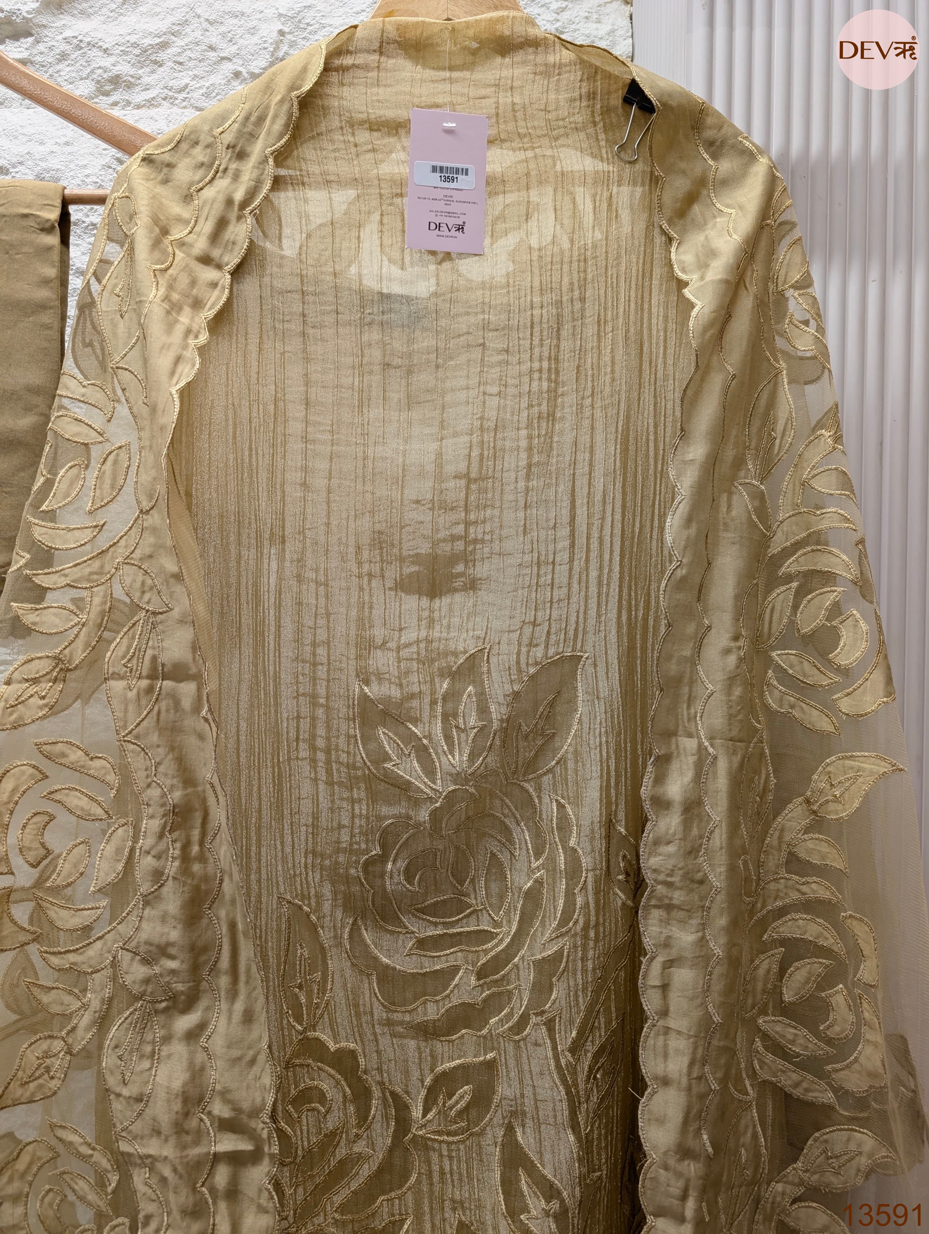 Beige Tissue Crush Silk Embroidered Unstitched 3-Piece Suit (Devri – D.No 13591)