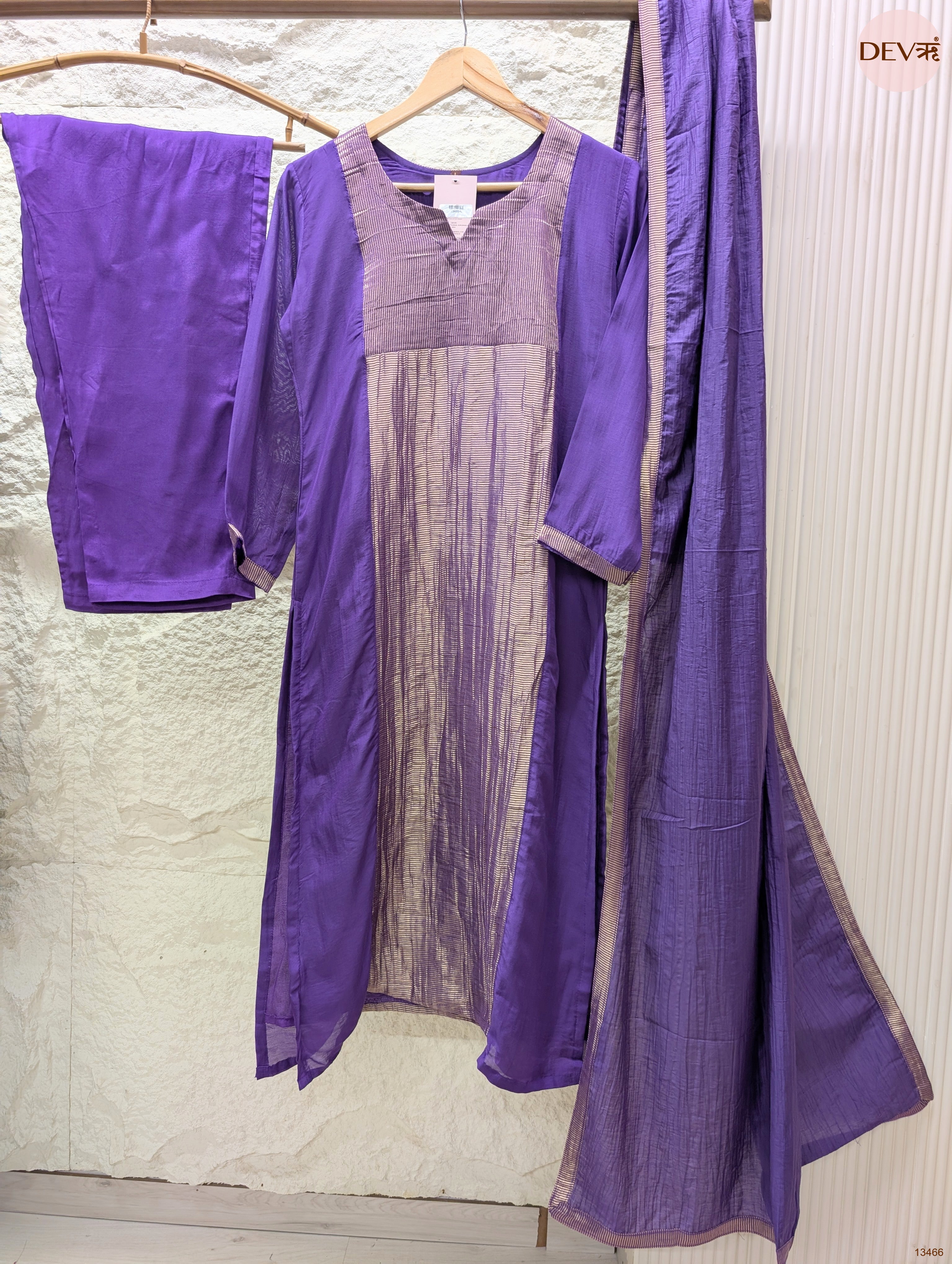 Vasundhara Mul Chanderi Printed Purple 3-Piece Set (Devri – D.No 13466)