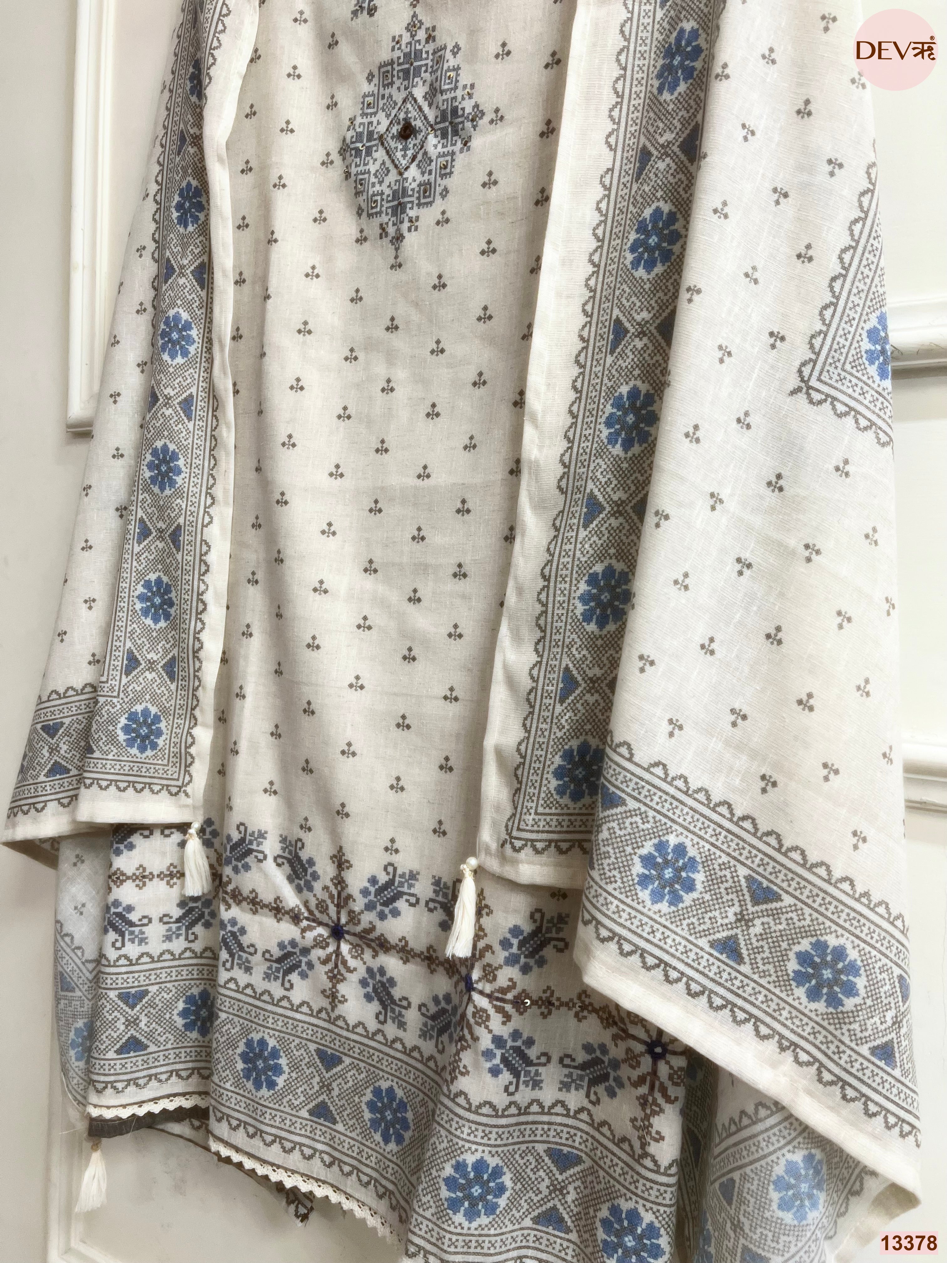 Off White Khadi Cotton Printed Unstitched 3-Piece Suit (Devri – D.No 13378)