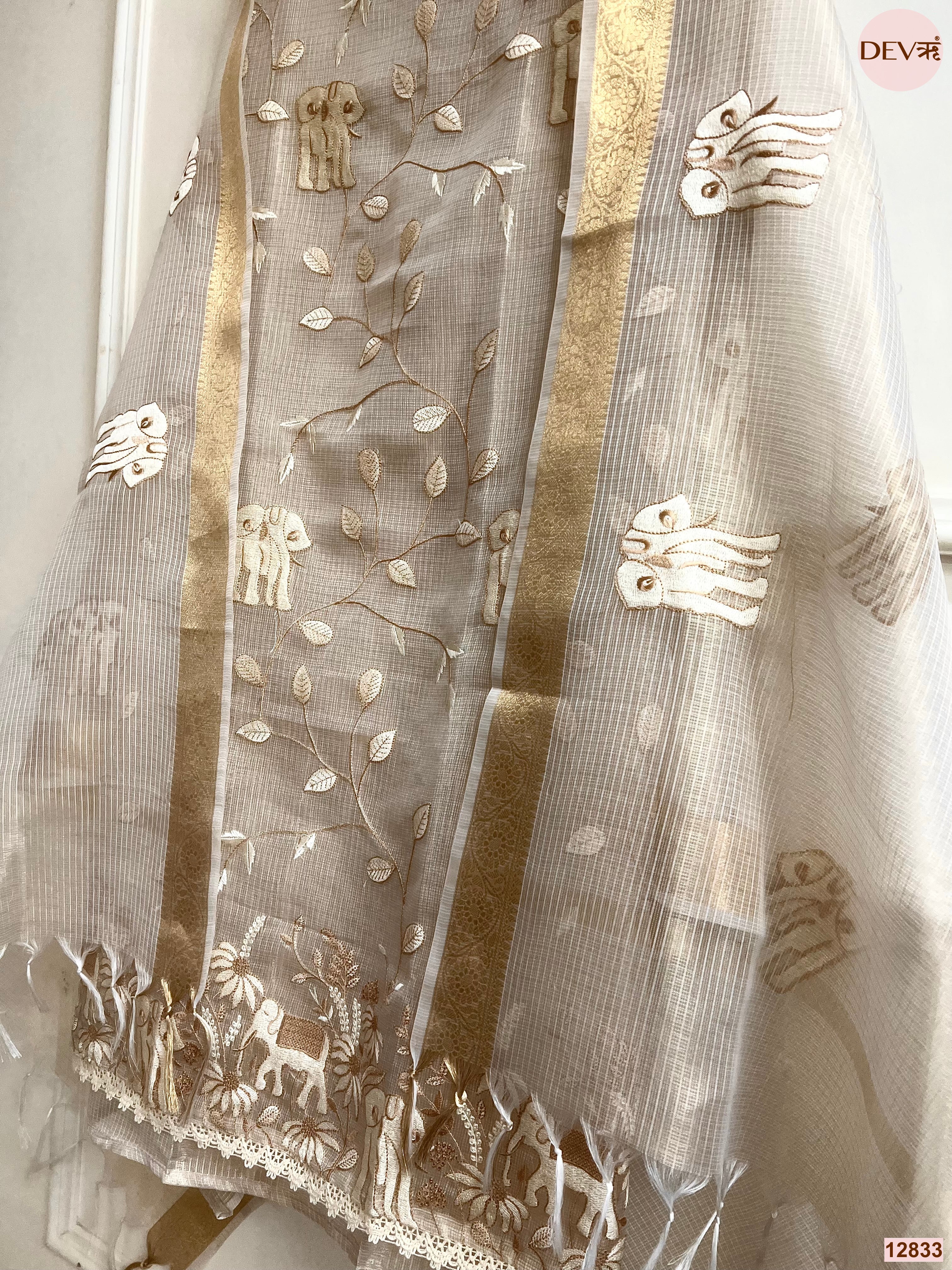 Beige Zari Kota Embroidered Unstitched 3-Piece Suit (Devri – D.No 12833)