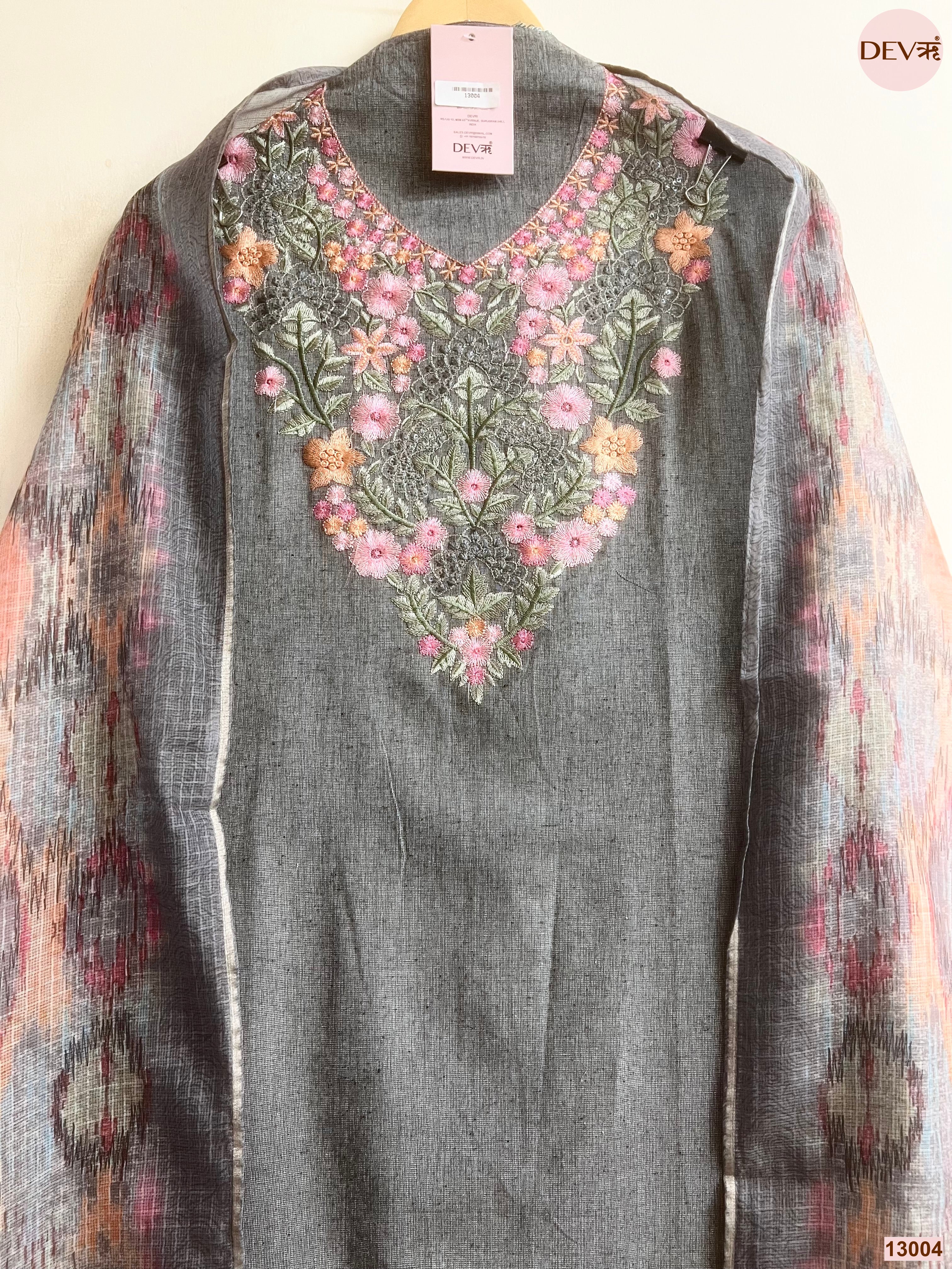 Grey Cotton Handloom Embroidered Unstitched 3-Piece Suit (Devri – D.No 13004)