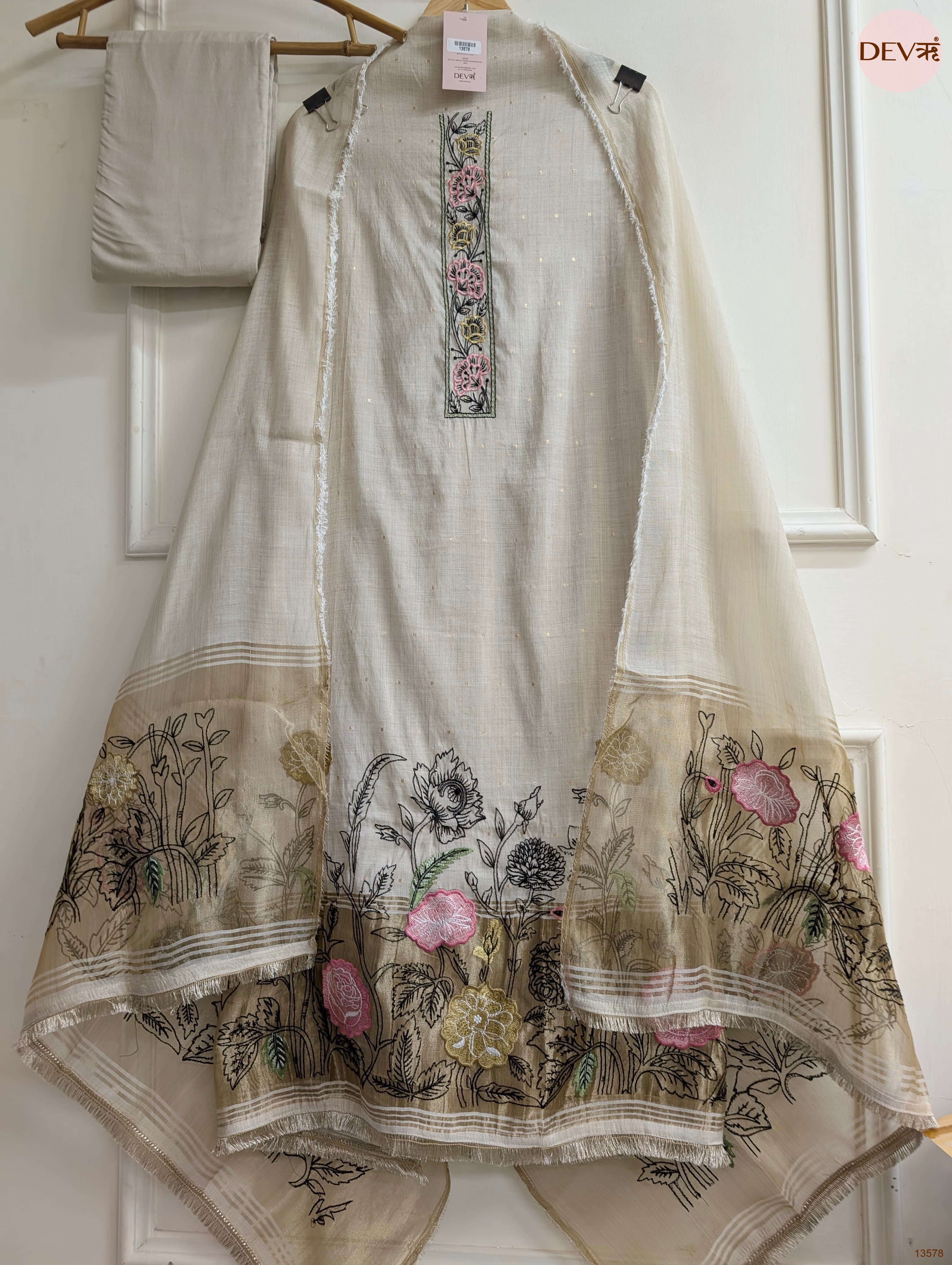 Beige Mul Chanderi Embroidered Unstitched 3-Piece Suit (Devri – D.No 13578)