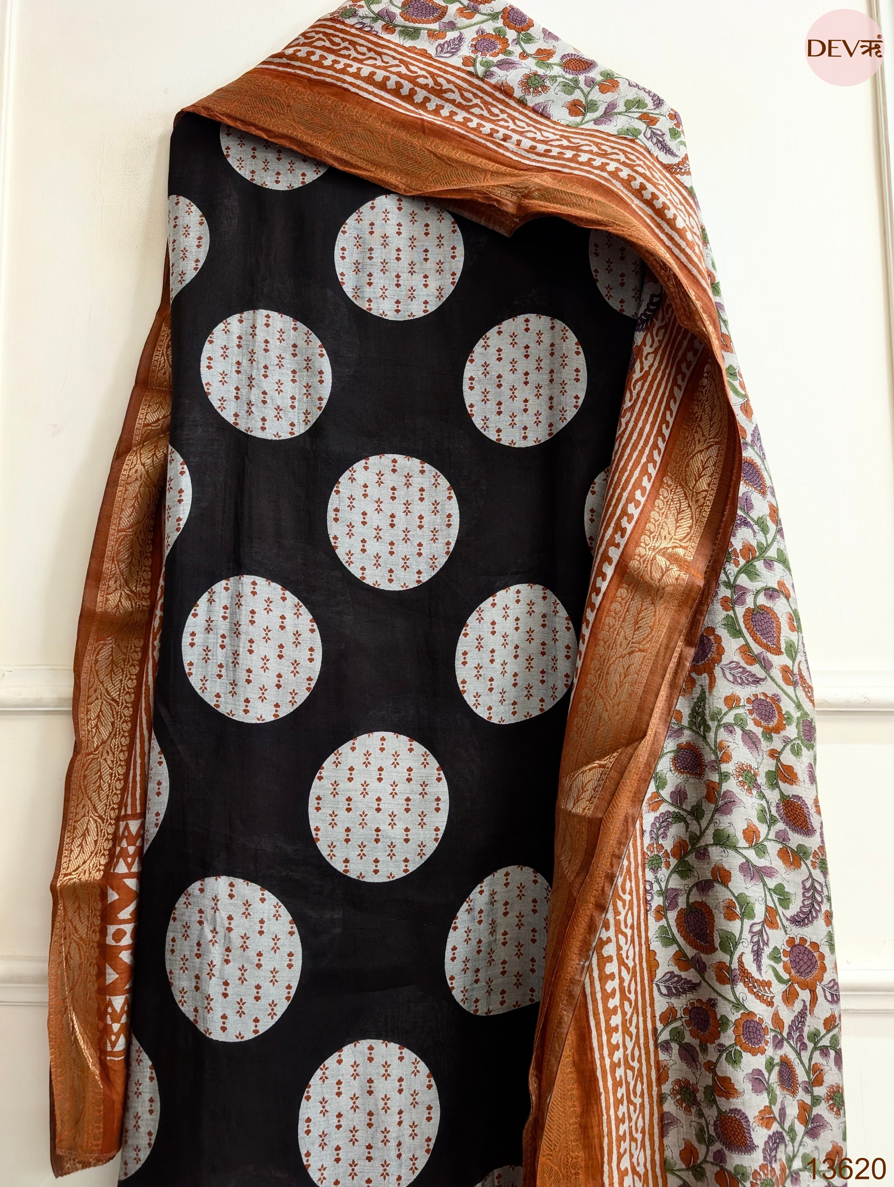 Black Maheshwari Silk Printed Unstitched 3-Piece Suit (Devri – D.No 13620)