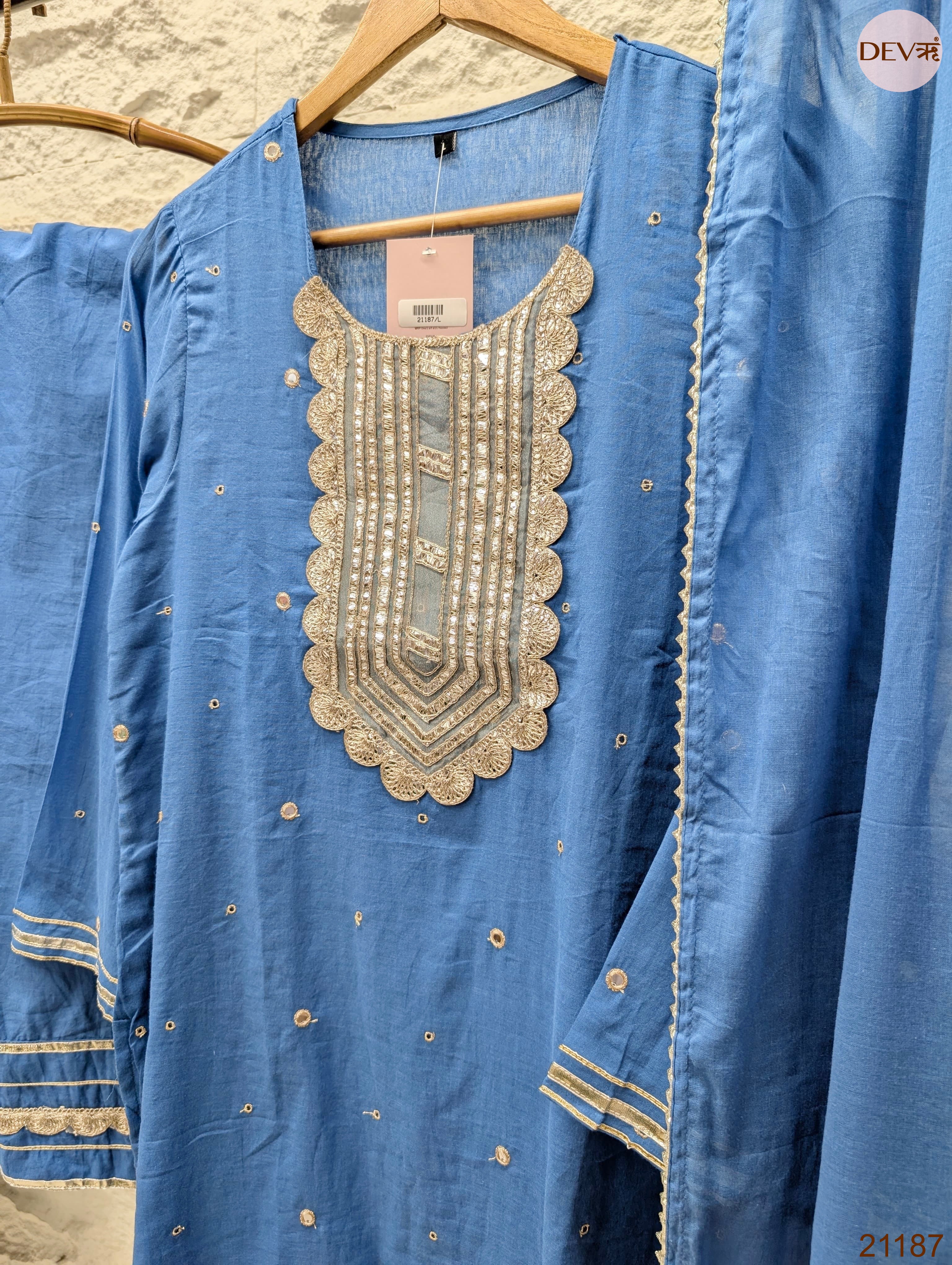 Neelika Pure mul cotton Embroidered Blue 3-Piece Set (Devri – D.No 21187)