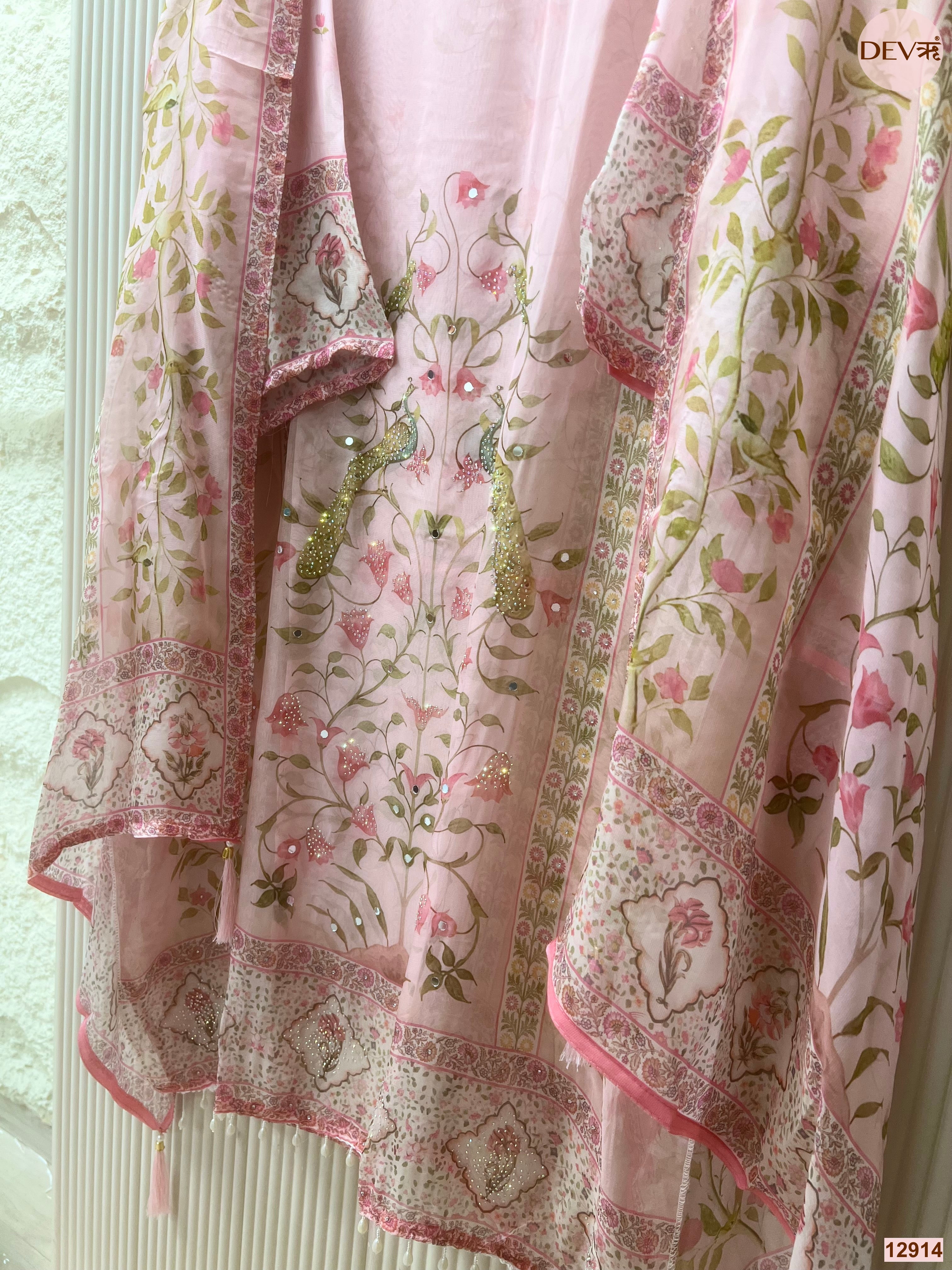 Pink Organza Printed Unstitched 3-Piece Suit (Devri – D.No 12914)