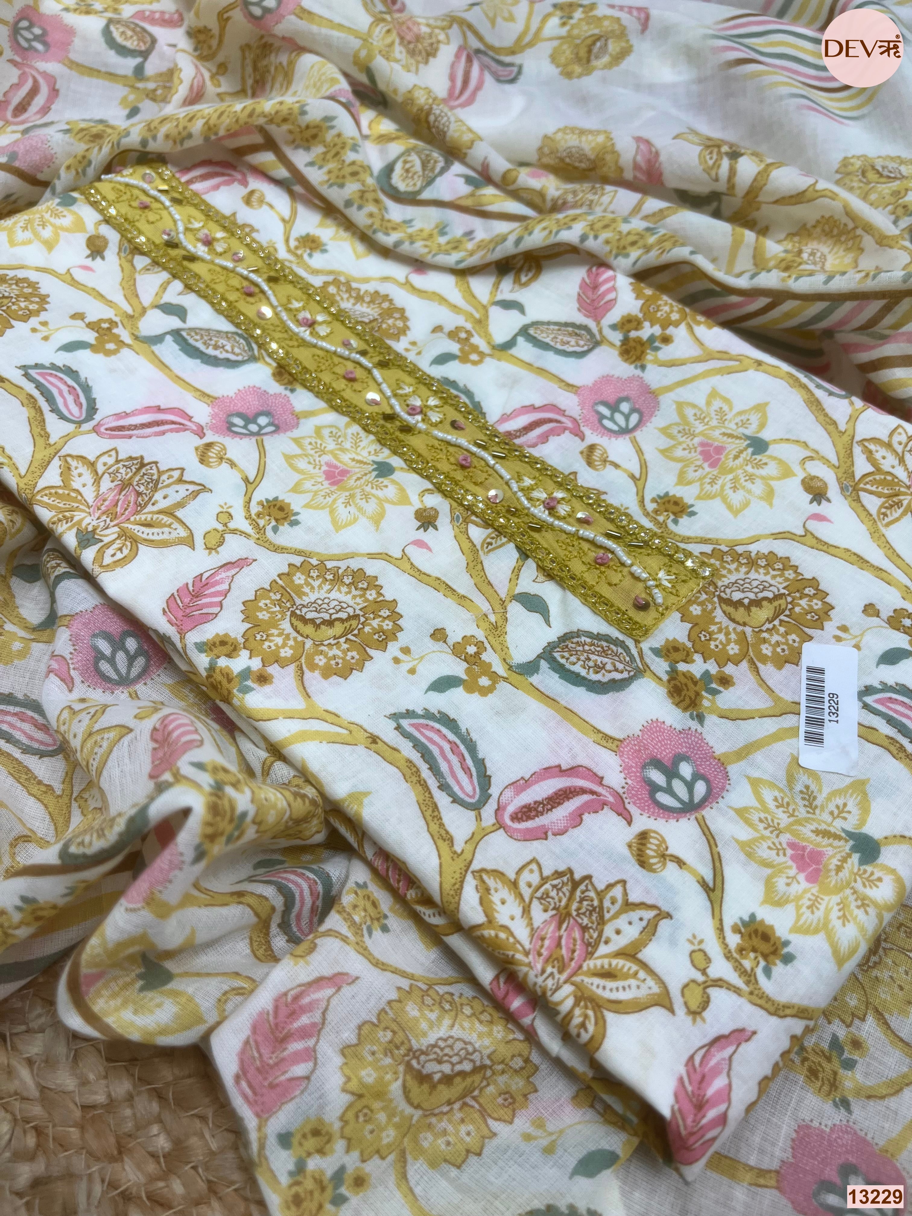 Yellow Cotton Printed Unstitched 3-Piece Suit (Devri – D.No 13229)