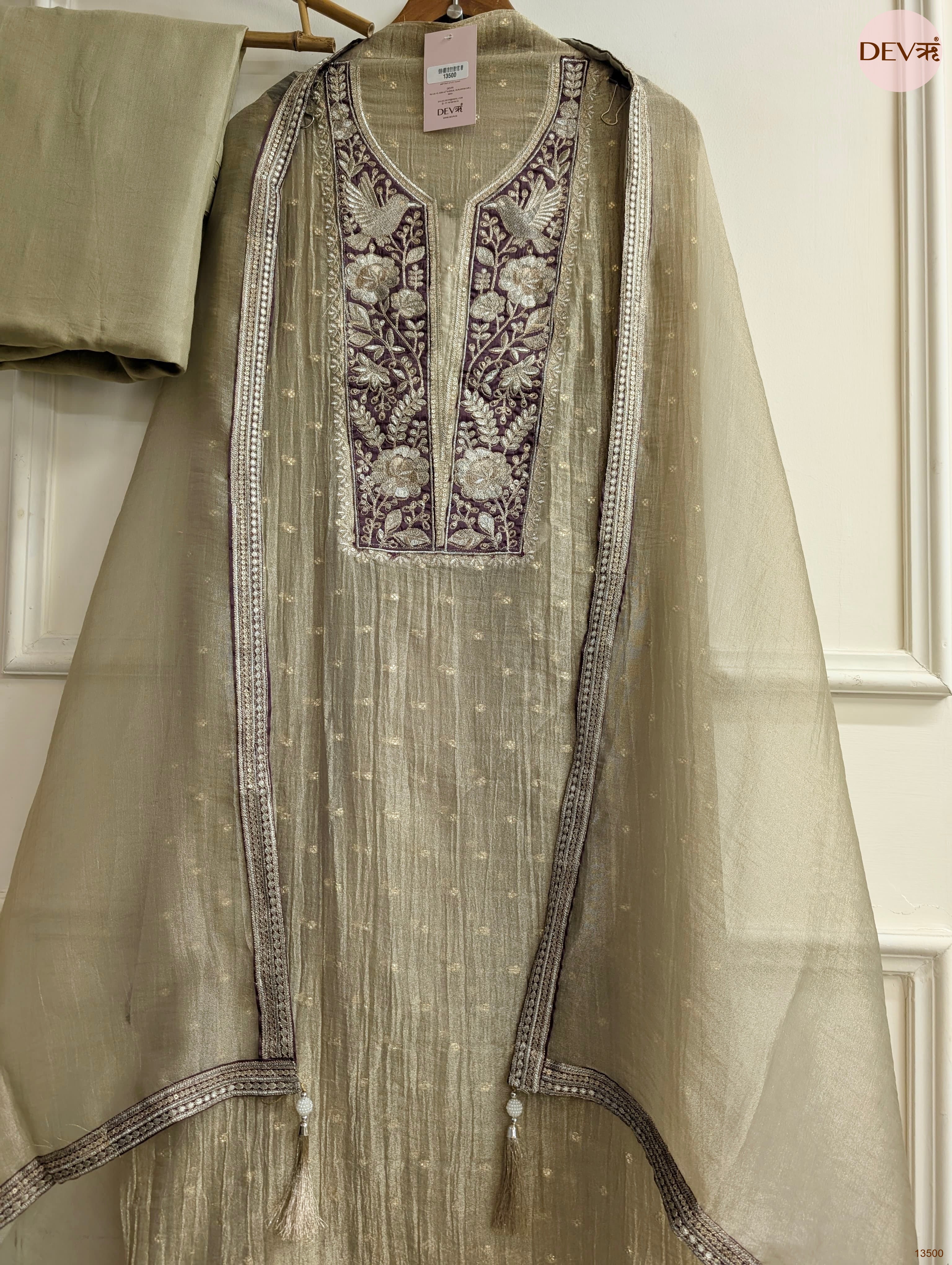 Olive Tissue Silk Embroidered Unstitched 3-Piece Suit (Devri – D.No 13500)