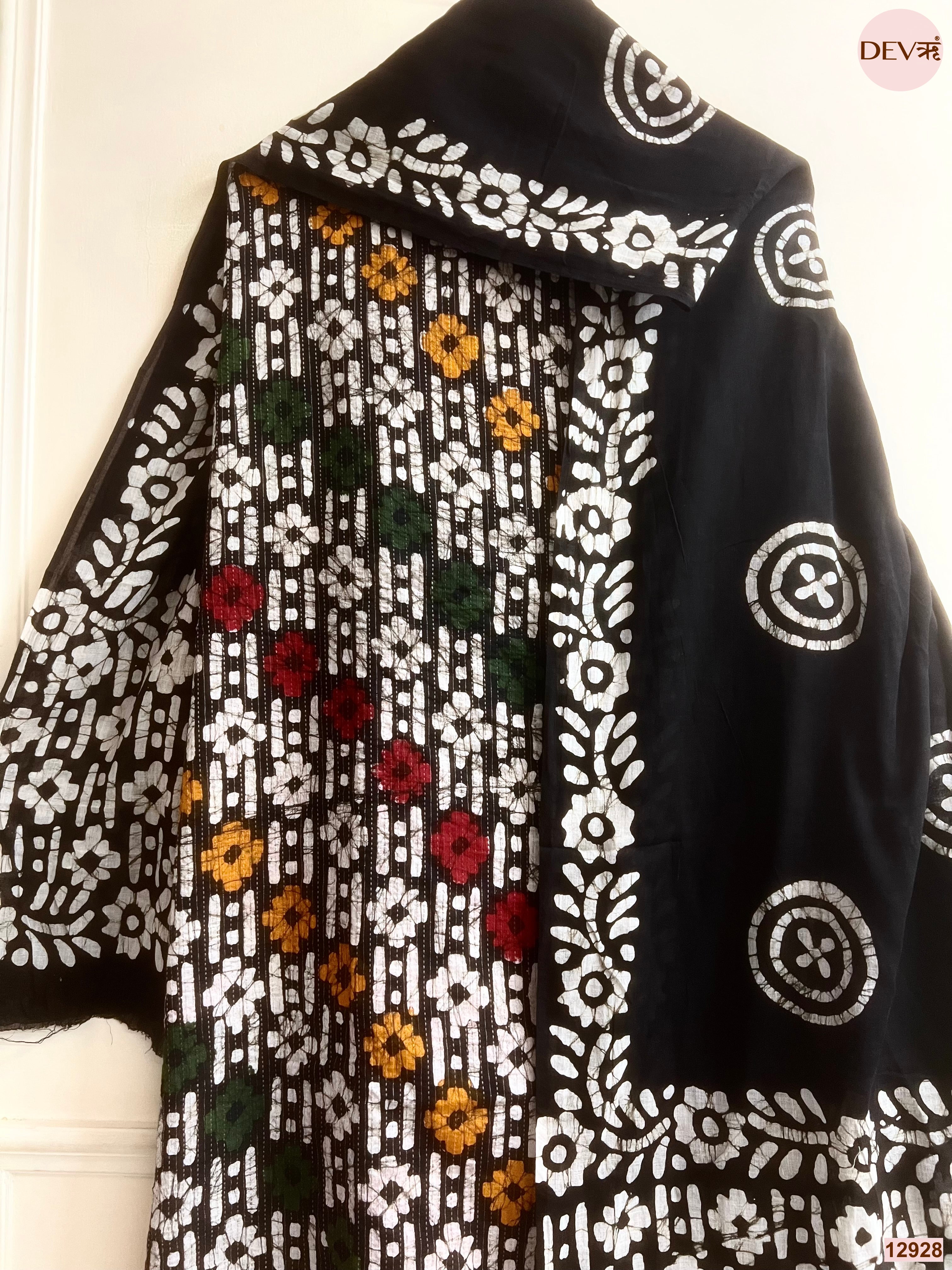 Black Cotton Batik Printed Unstitched 3-Piece Suit (Devri – D.No 12928)