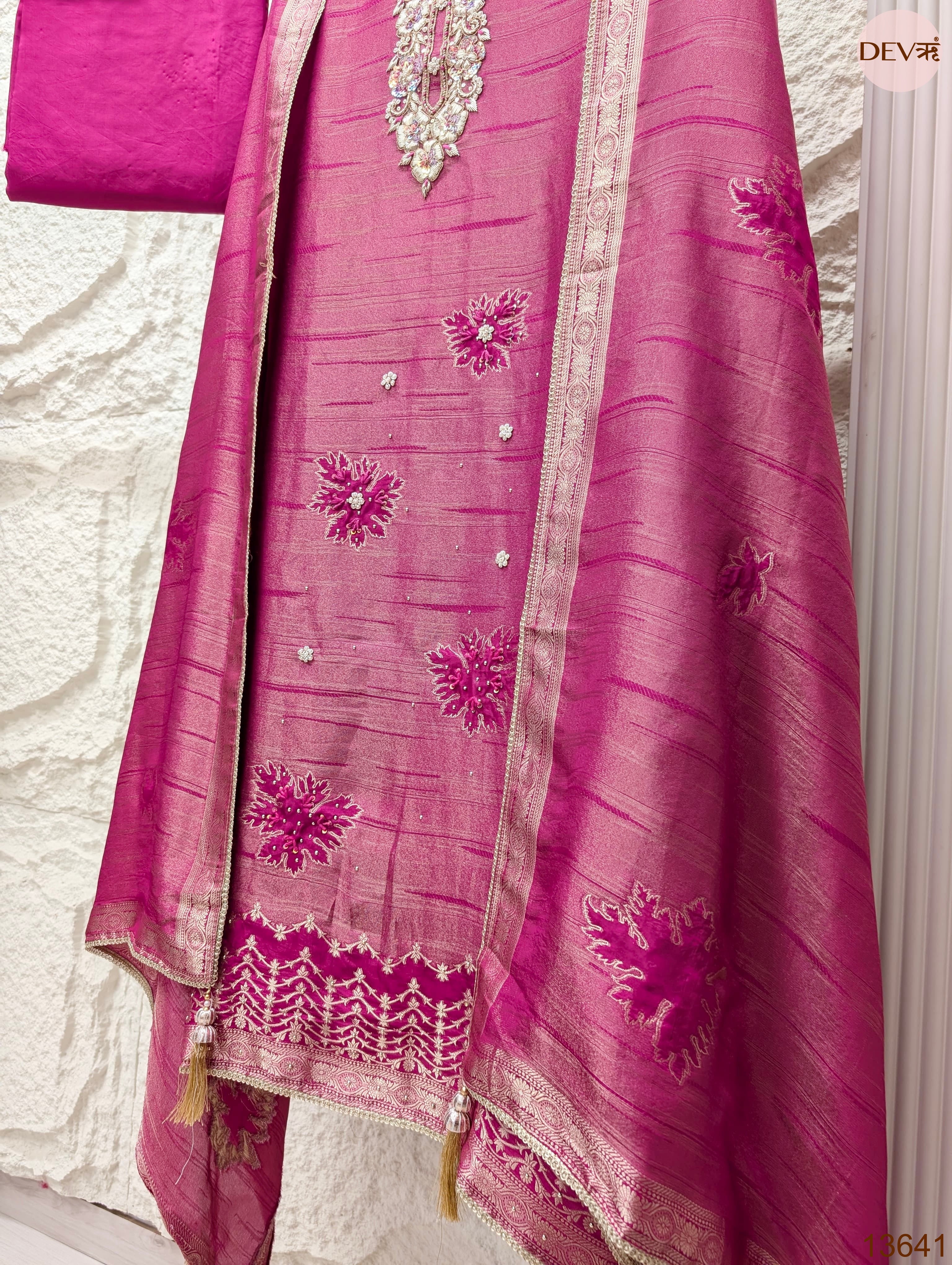 Pink Pure Giraffe Banarasi Silk Embroidered Unstitched 3-Piece Suit (Devri – D.No 13641)