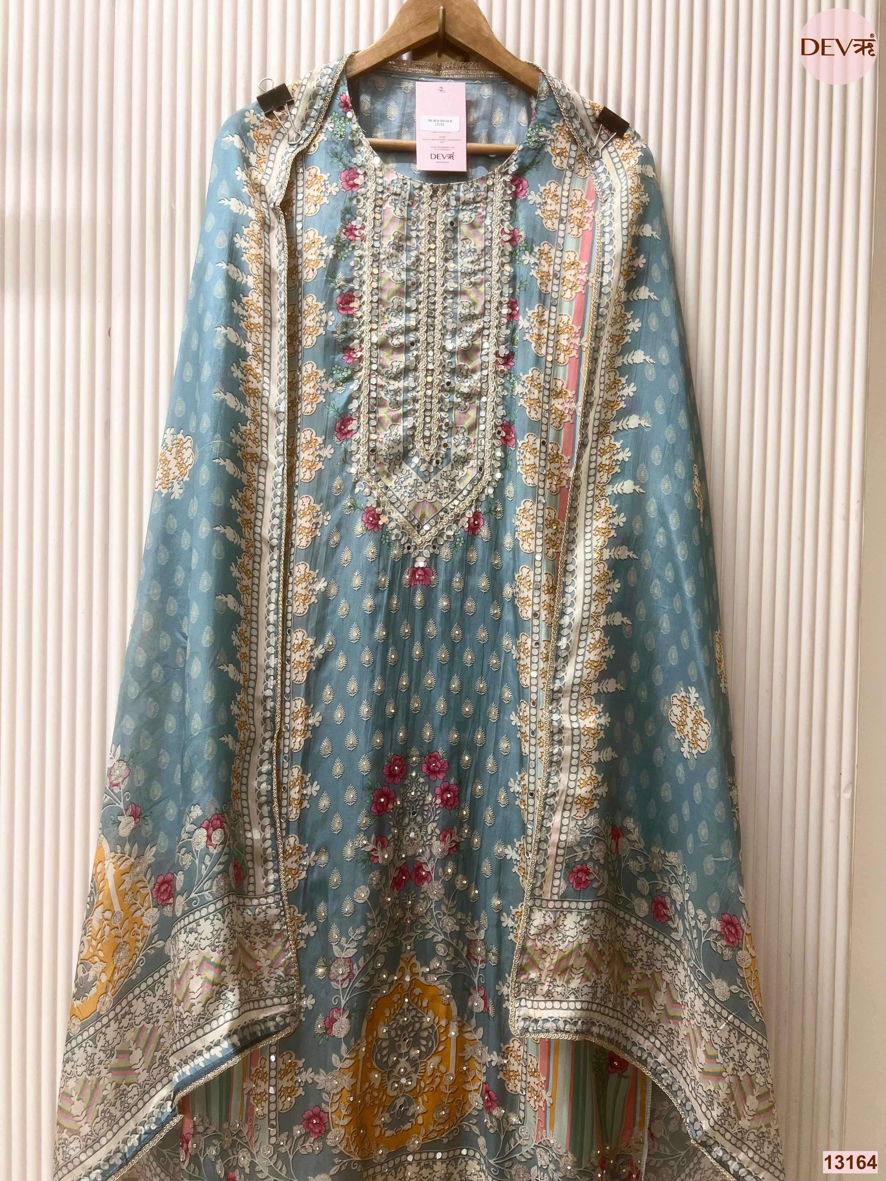 Blue Tissue Organza Printed Unstitched 3-Piece Suit (Devri – D.No 13164)