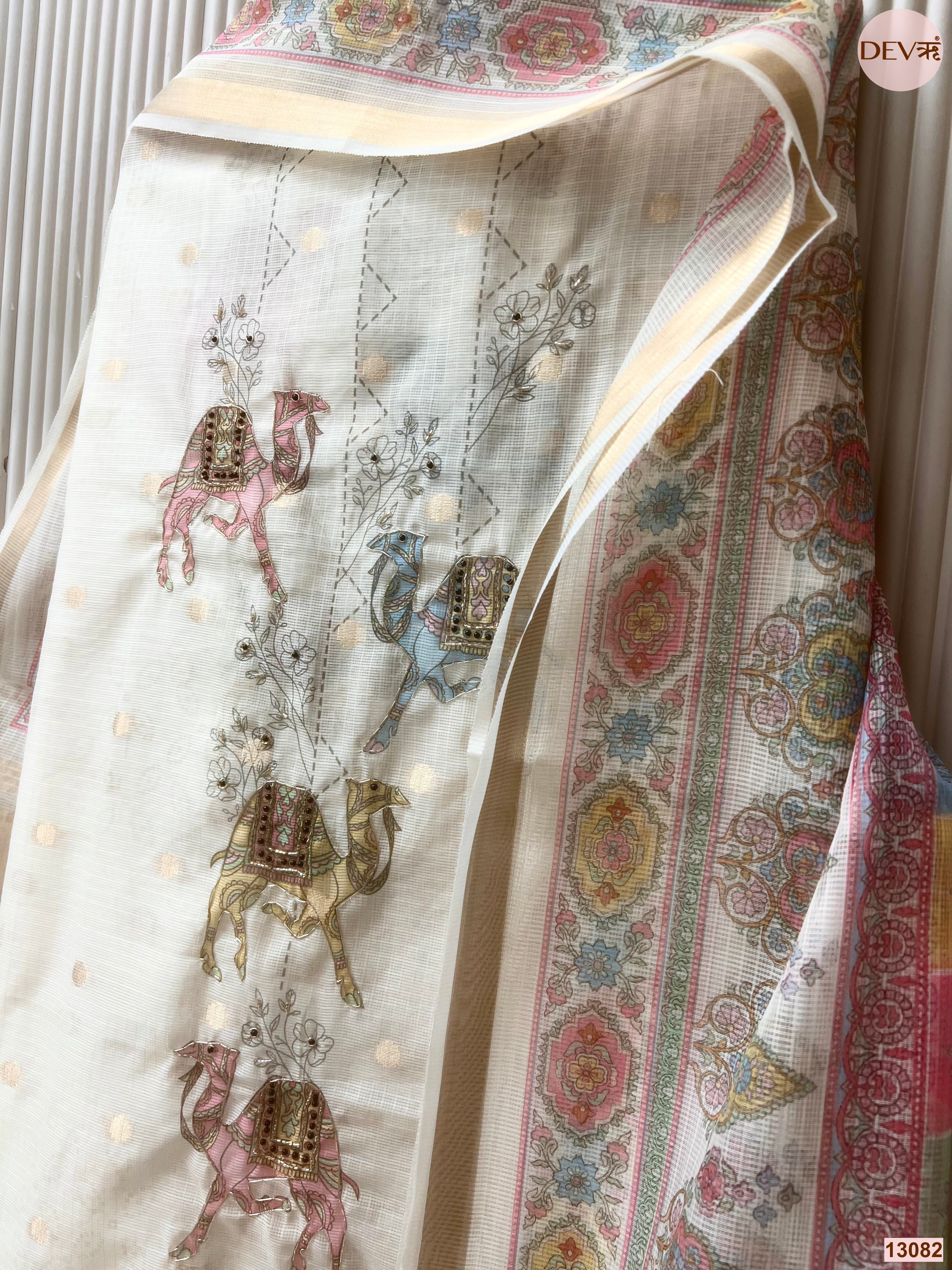 Cream Kota Printed Unstitched 3-Piece Suit (Devri – D.No 13082)