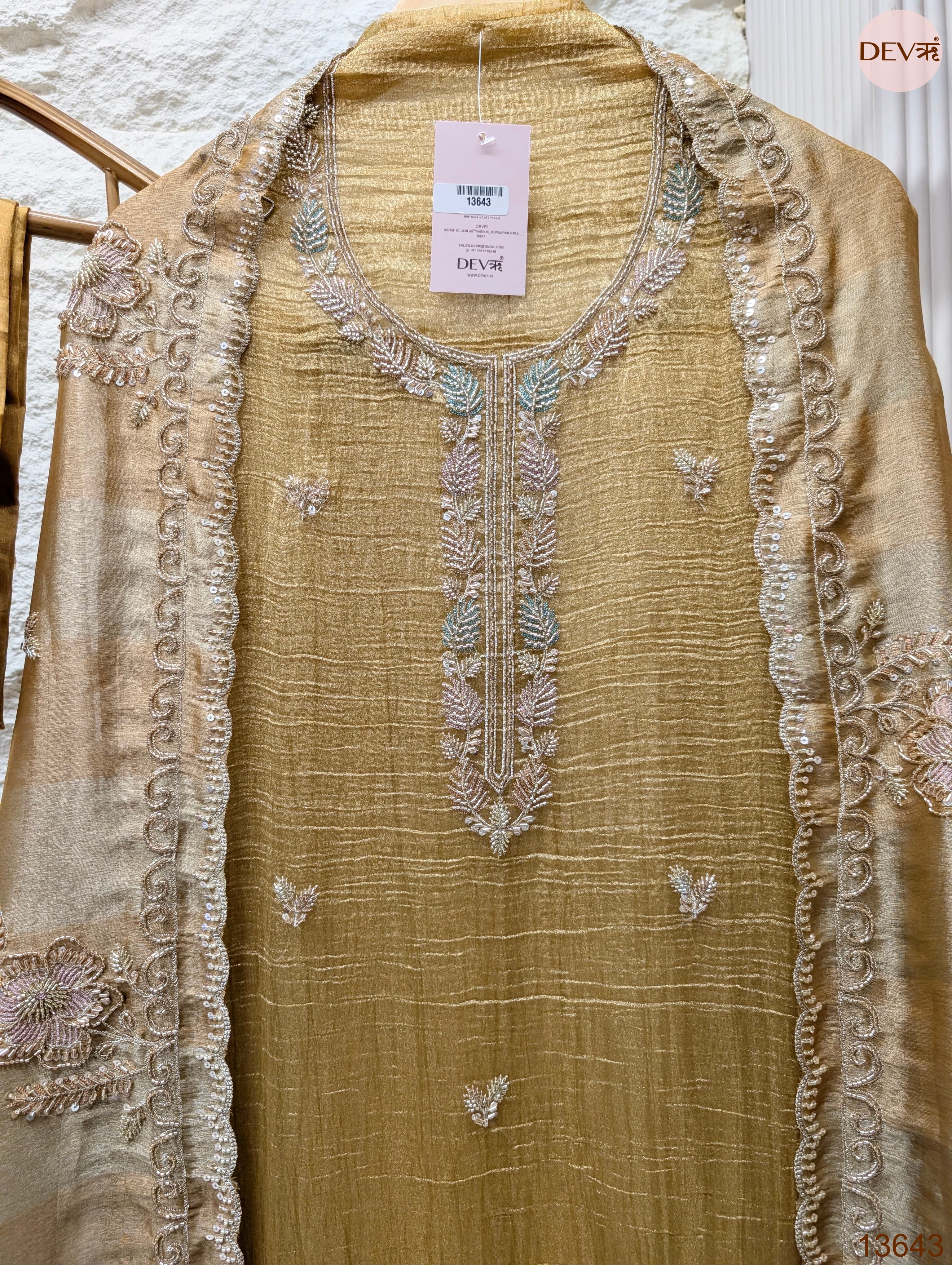 Mustard Tissue Crush Silk Embroidered Unstitched 3-Piece Suit (Devri – D.No 13643)