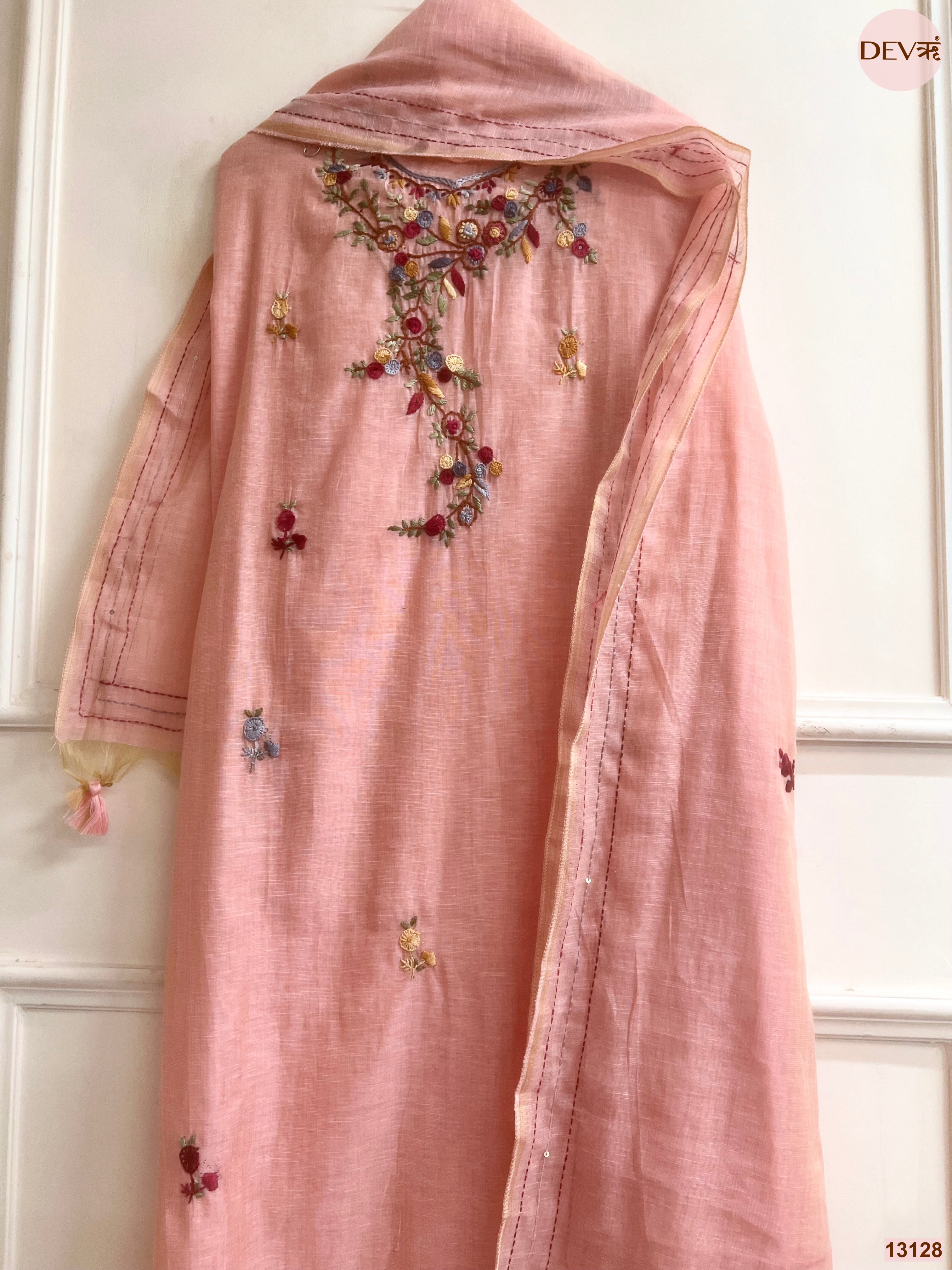 Peach Jamdani Cotton Embroidered Unstitched 3-Piece Suit (Devri – D.No 13128)
