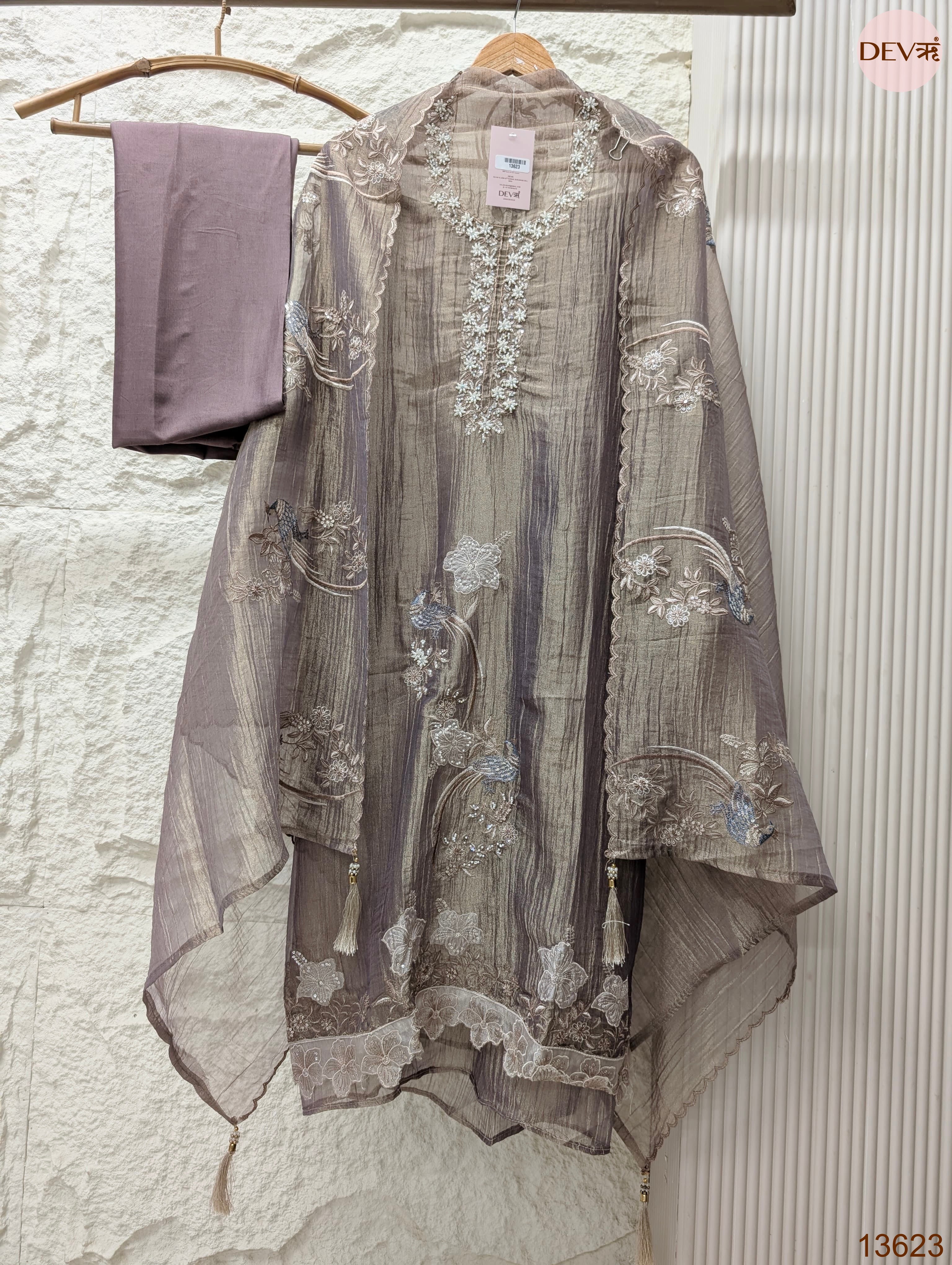 Mauve Tissue Crush Silk Embroidered Unstitched 3-Piece Suit (Devri – D.No 13623)