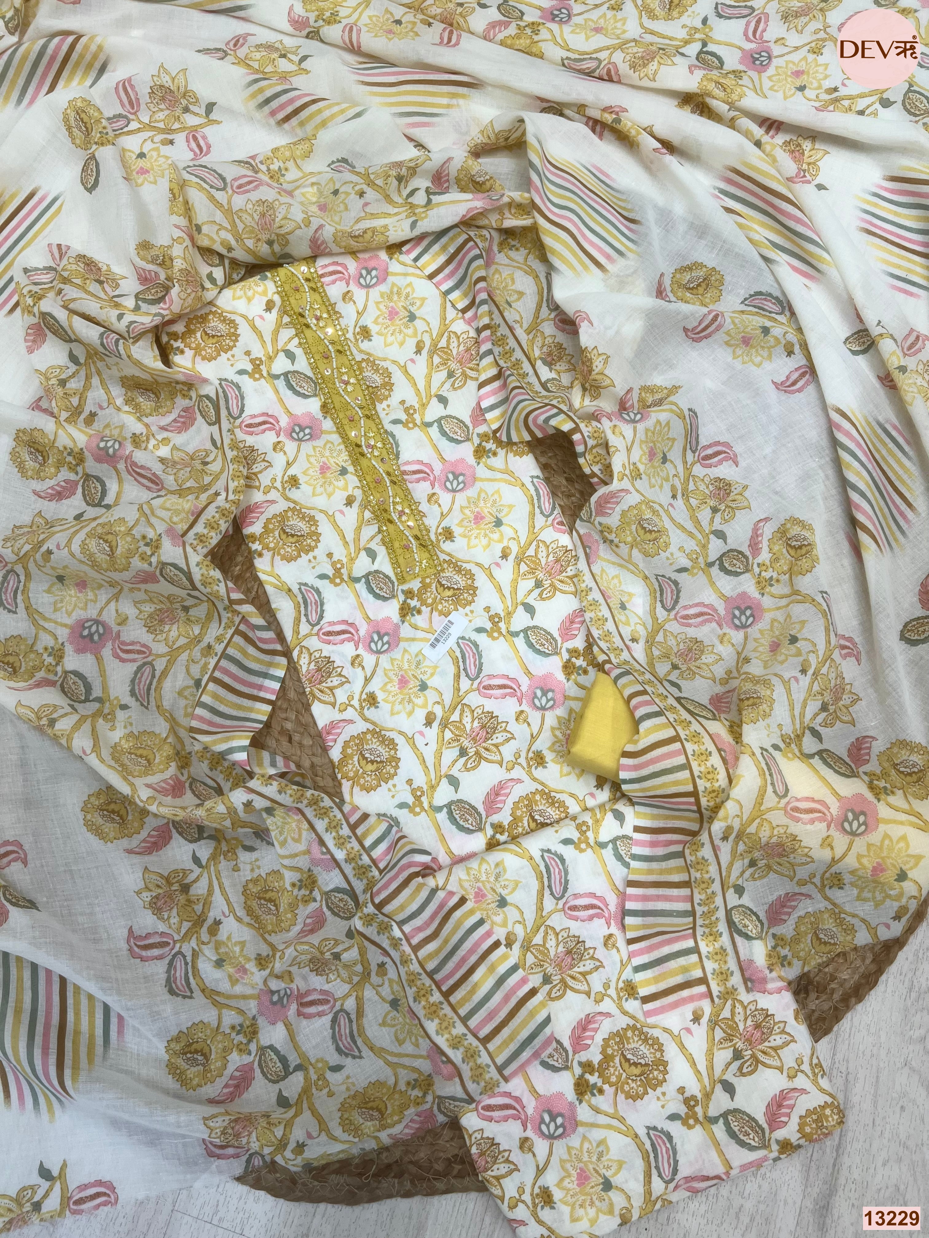 Yellow Cotton Printed Unstitched 3-Piece Suit (Devri – D.No 13229)