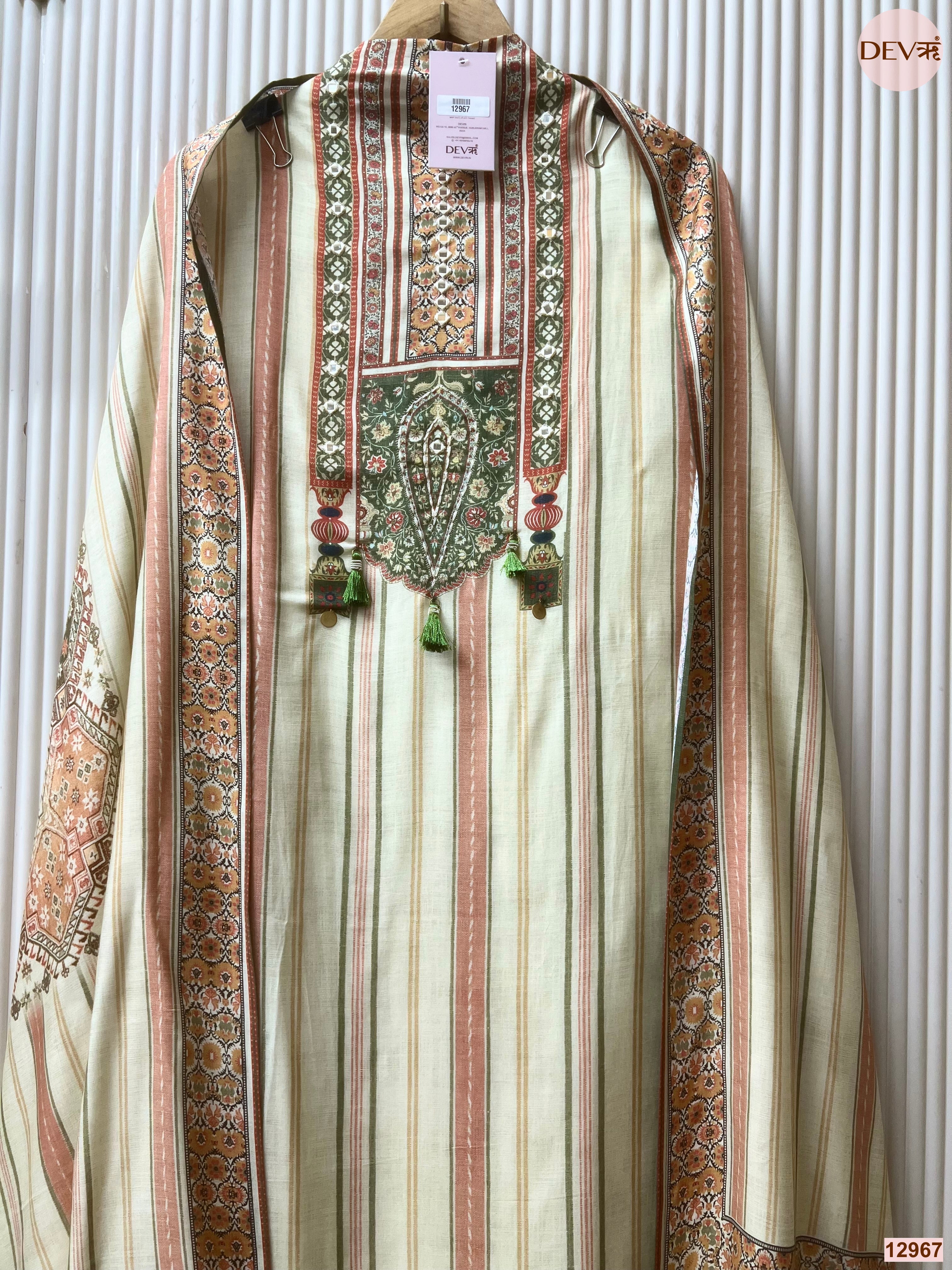 Cream Muslin Printed Unstitched 3-Piece Suit (Devri – D.No 12967)