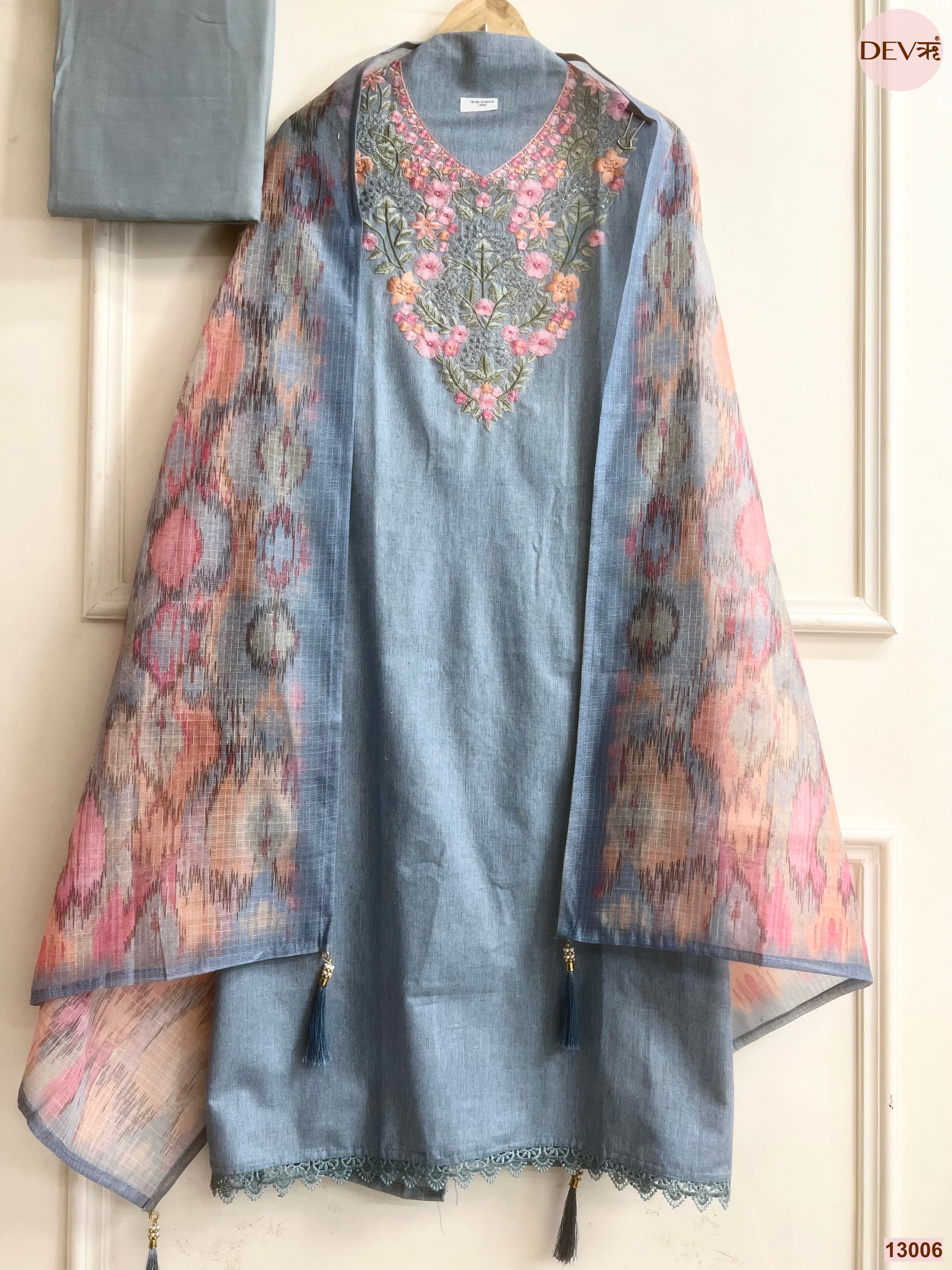 Blue Cotton Handloom Embroidered Unstitched 3-Piece Suit (Devri – D.No 13006)