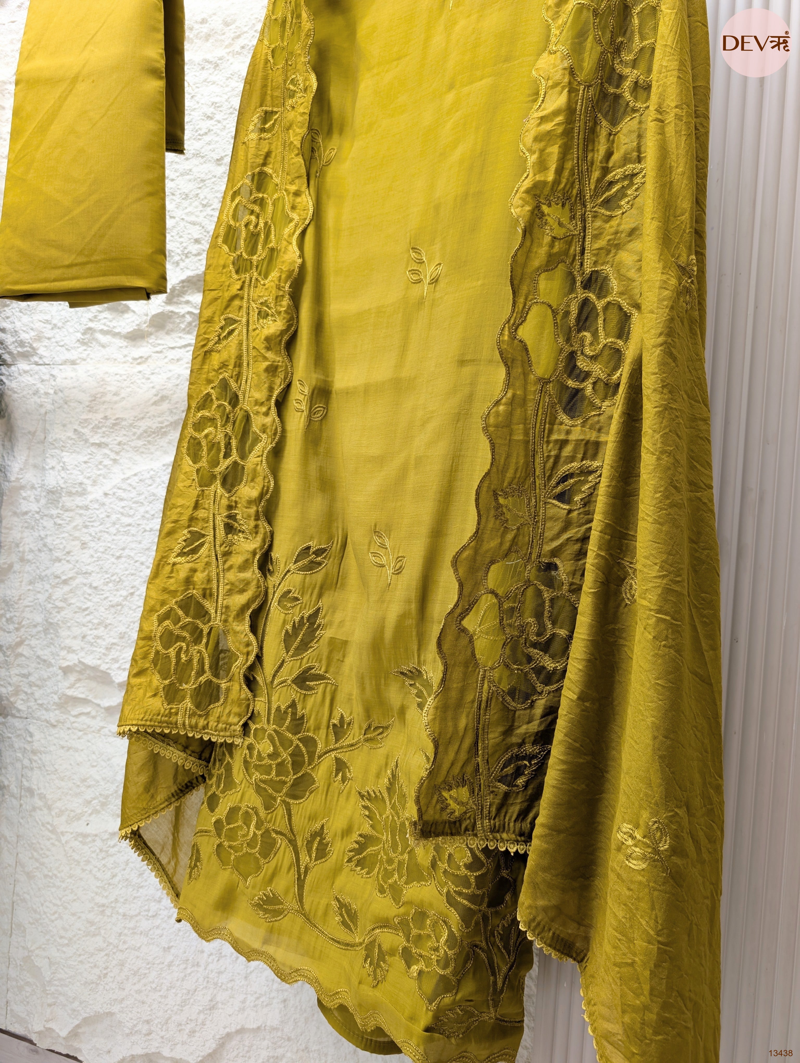 Olive Mul Chanderi Embroidered Unstitched 3-Piece Suit (Devri – D.No 13438)